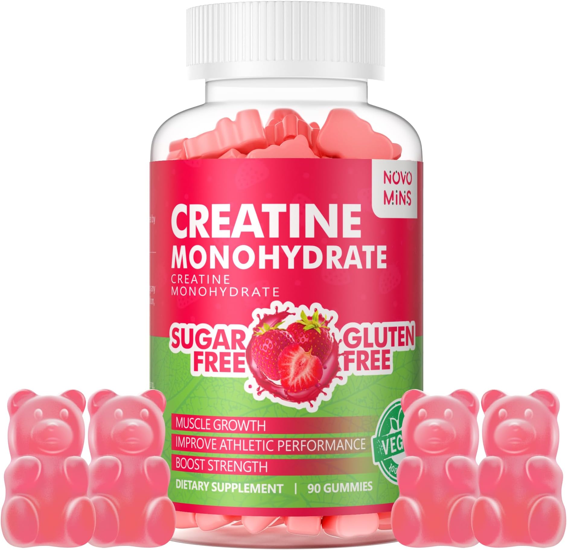 Novomins Creatine Monohydrate Gummies 5000mg for Men & Women, Chewables Creatine Monohydrate for Muscle Strength, Muscle Builder, Energy Boost, Pre-Workout Supplement(90 Count)-Strawberry FlavorCarbonfree Certified