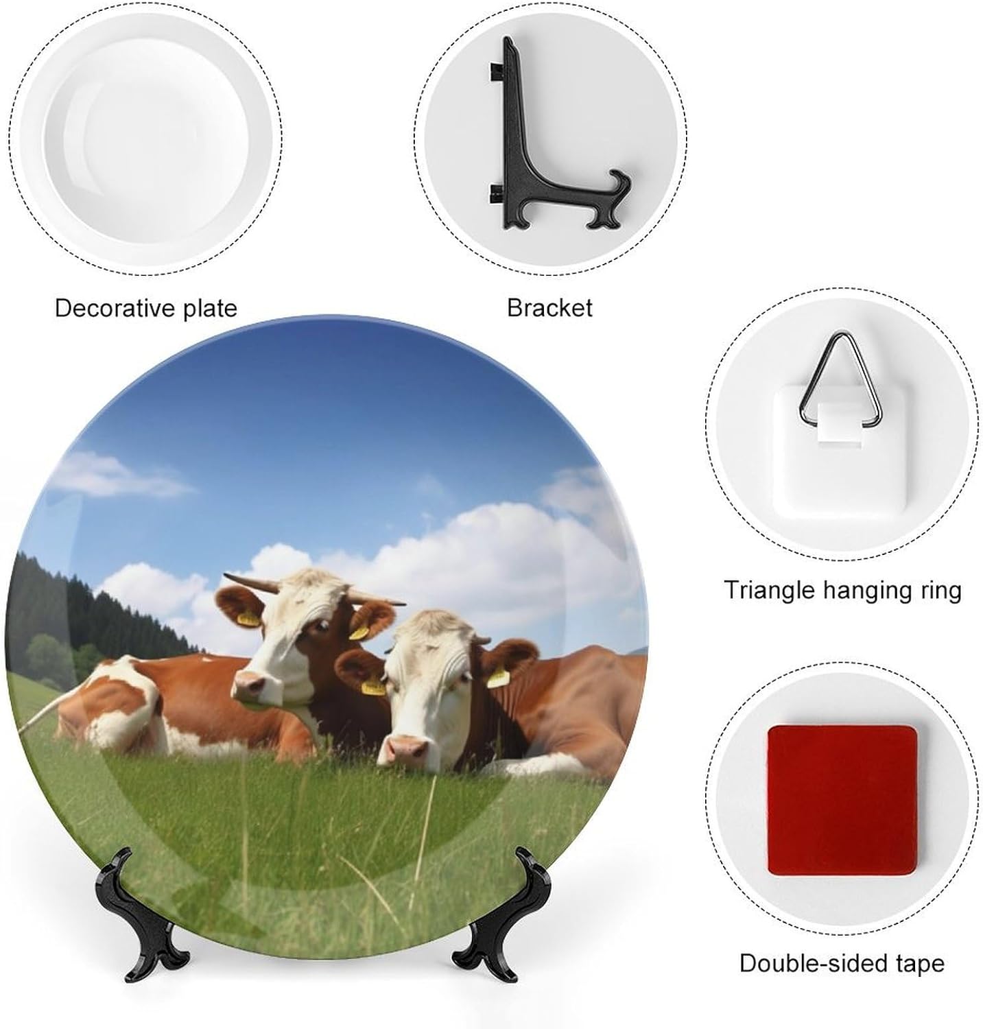 Cute Cows Relaxed On Grass Bone China Decorative Plate with Stand 10inch image 3