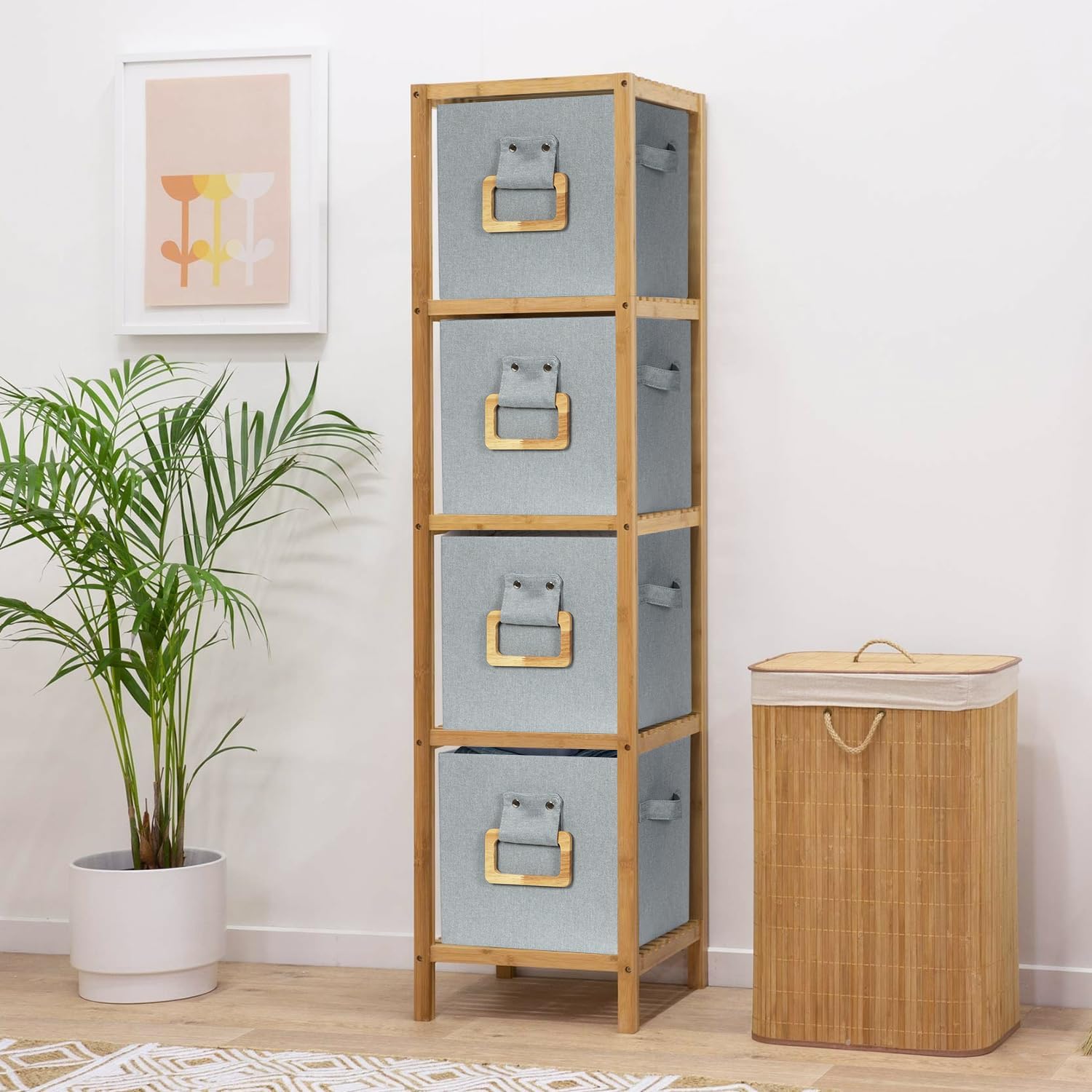 Collapsible Fabric Storage Cubes Organizer with Wood Handle, Cube Storage Bins Foldable Baskets for Organizing Home Office Closet Clothes Books, 10.5x10.5x11 Inch, 4 Pack, Gray