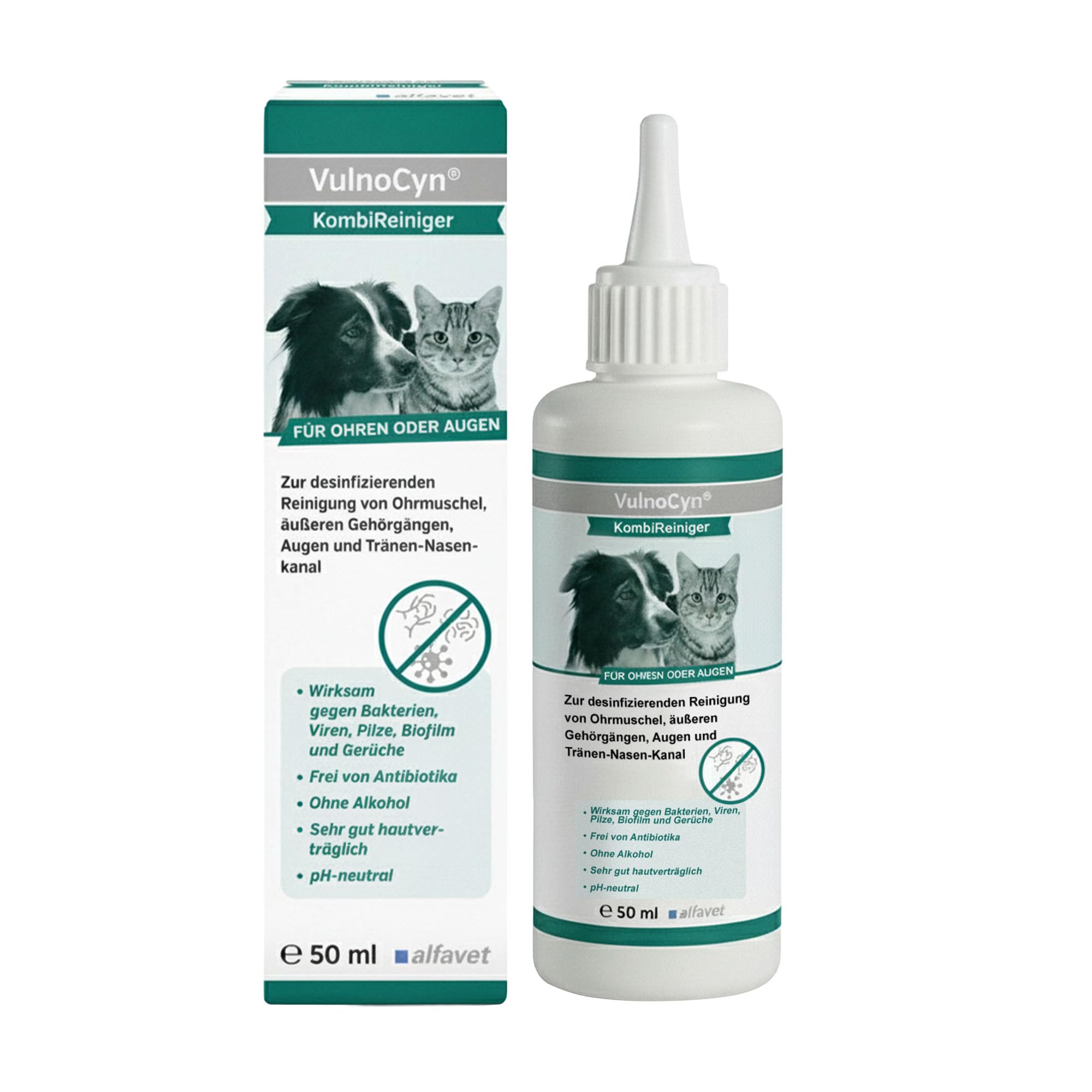 alfavet VulnoCyn KombiReiniger 50 ml – Augen- & Ohrreiniger für Katzen, Hunde & Kleintiere – Antiseptikum zur Ohren- & Augenpflege – Desinfizierende Reinigung, pH-neutral, ohne Antibiotika & Alkohol