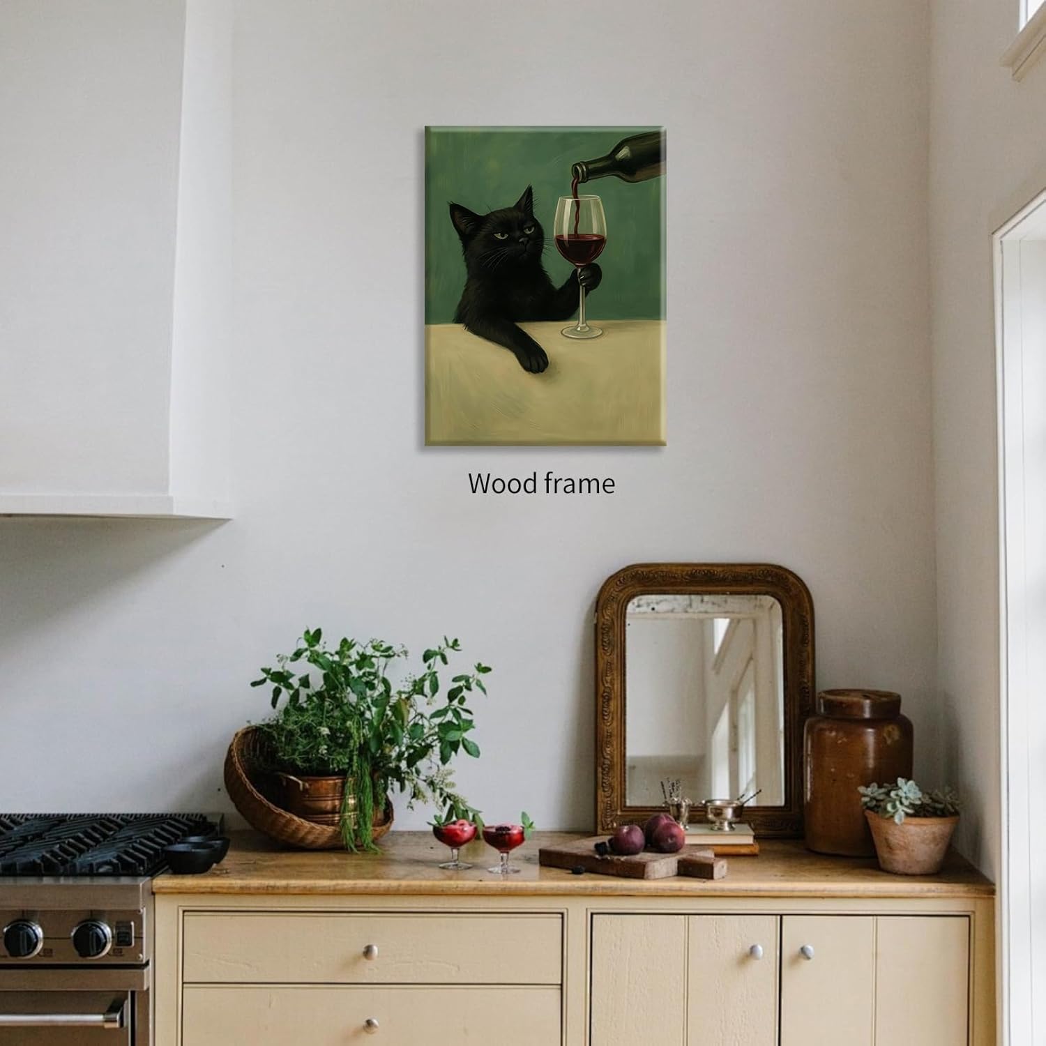 Cat with Wine Art Print Moody Dark Green Wall Art Black Cat With Wine Glass Posters for Bar Cart Living Quirky Kitchen Wall Art 12X16 Framed