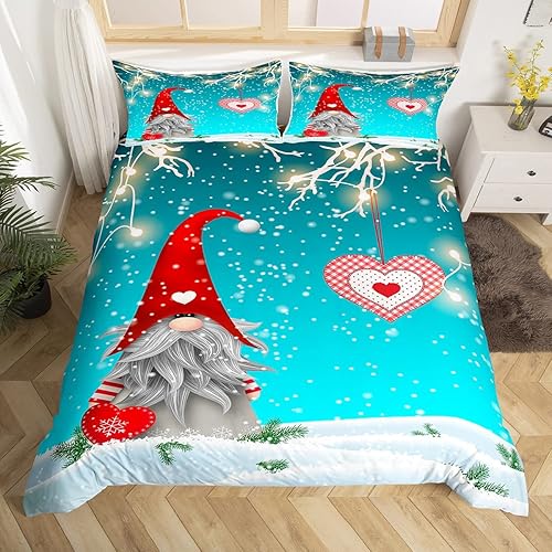 Juego de ropa de cama de gnomo escandinavo, tamaño Queen, para niños, con texto en inglés "Merry Christmas", funda de edredón con luces de Navidad,