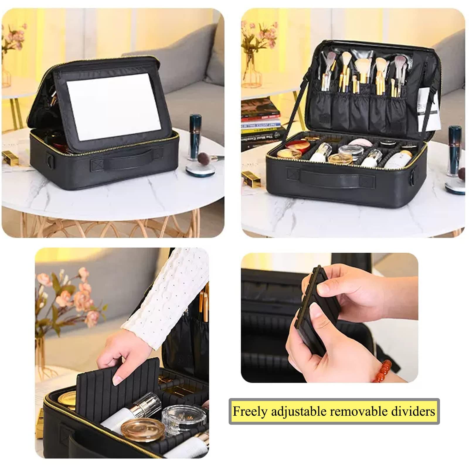 Kosmetiktasche Portable Reise Make Up Tasche,Kosmetiktasche Mit Spiegel, Mit Verstellbaren Trennwänden PU-Leder, Kosmetik Aufbewahrung Für Make Up, Kosmetiktasche Für Make Up Set, Schwarz ( Color : No