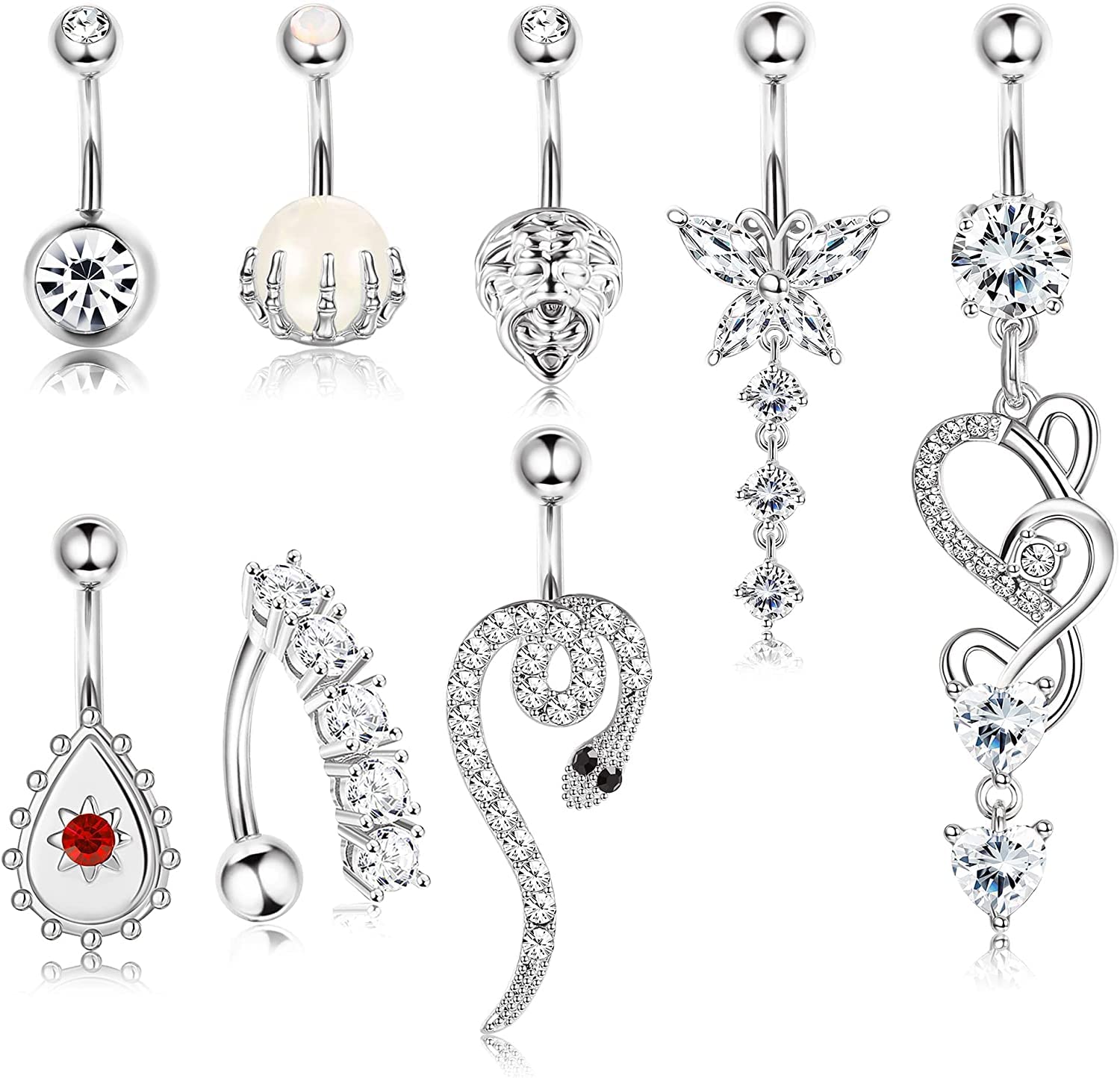 MILACOLATO 14G Piercing Ombligo Colgantes Para Mujer Acero Quirúrgico Piercing De Ombligo Plata Oro Verano Sol Serpiente Calavera Mano Con Ópalo CZ Transparente Barra De Ombligo Piercing Joyas 8Piezas
