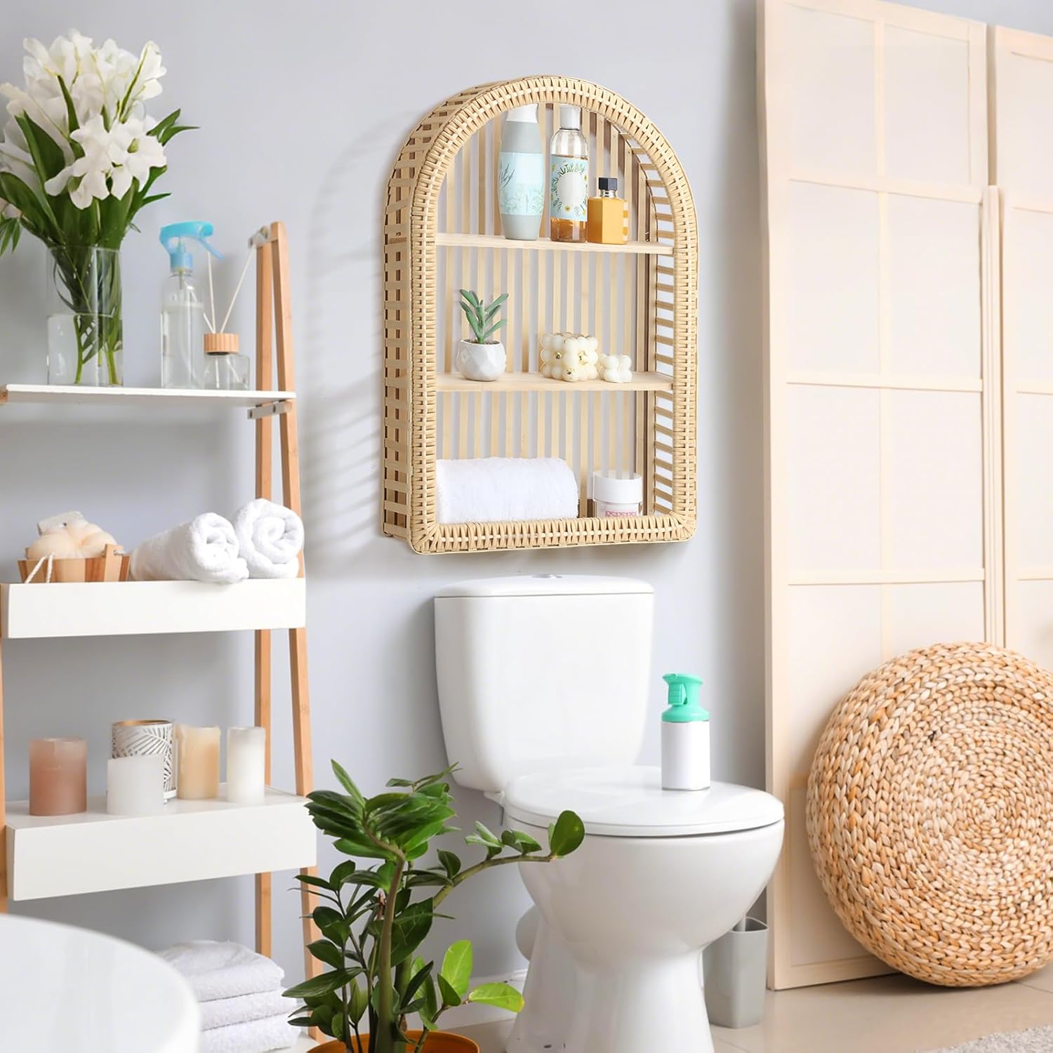 Rattan Wall Shelf 3 Tier Boho Wall Mounted Shelf 15.75" x 23.62" Farmhouse Handcraft Bamboo Arched Floating Shelves for Living Room Home Bedroom Storage Decor