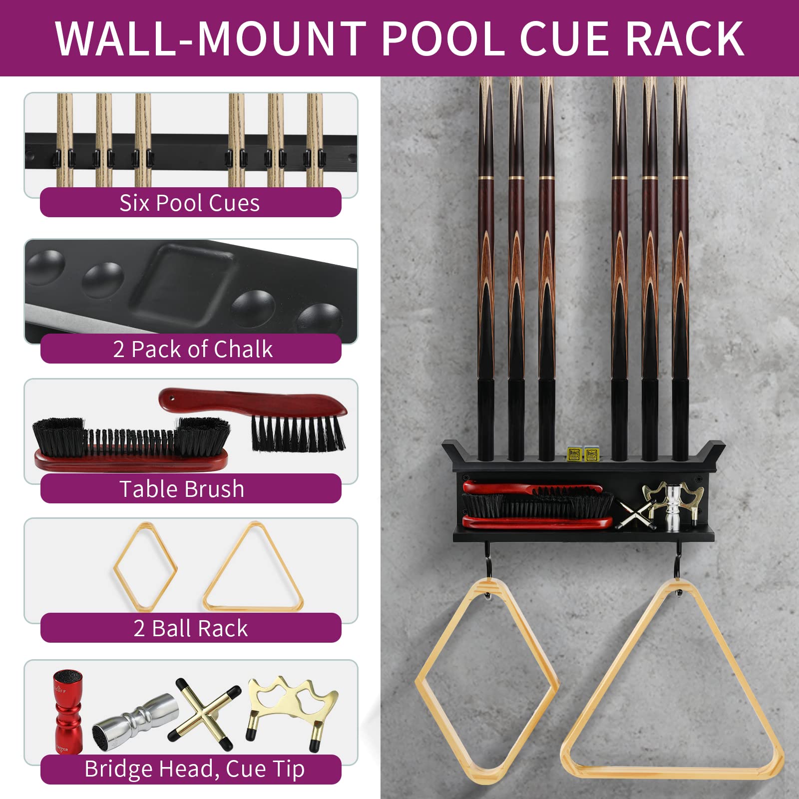 SISIPAI LIFE Pool Stick Holder Wall Mount, Pool Cue Rack Hardwood, Cue Stick Holder, Billiards Pool Cue Holder for 6 Pool Sticks and Billiards Accessories, Pool Table Accessories Organizer