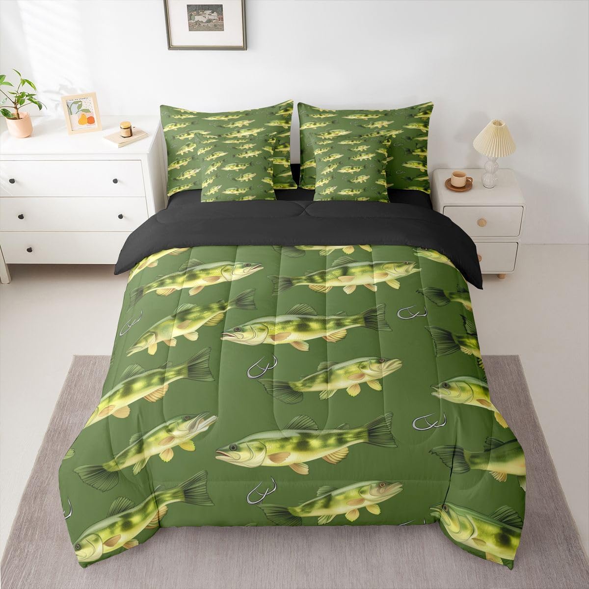 Erosebridal Bass Fish Queen Comforter Set with Sheets 7 Piece Bass Fishing Bed in A Bag Fishing Hook Bedding Sets for Kids Adults,Marine Life Bed Set