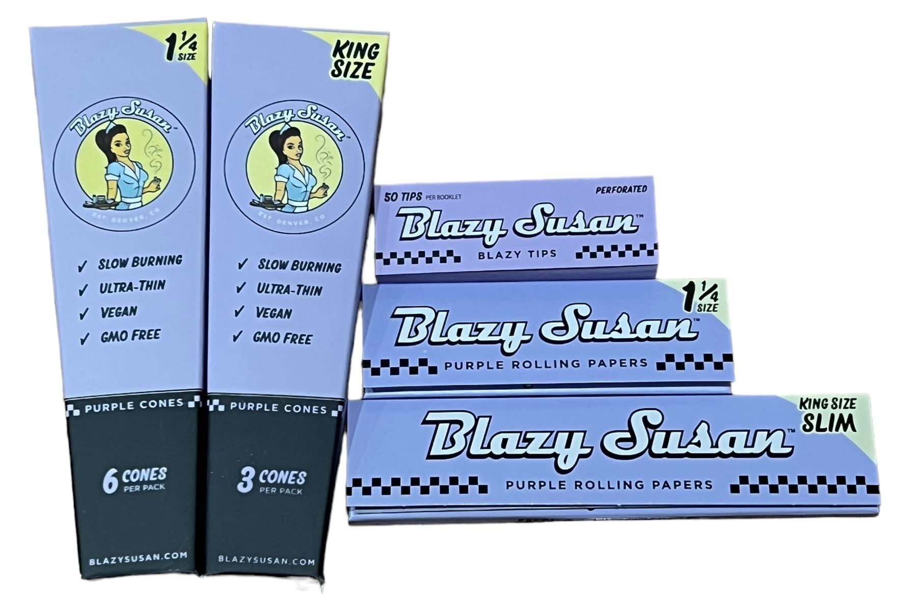 Blazy Susan Ultimate Combo Pack Pink & Purple 1 1/4 King Size Papers + Cones + Tips + RSV Scoop Card