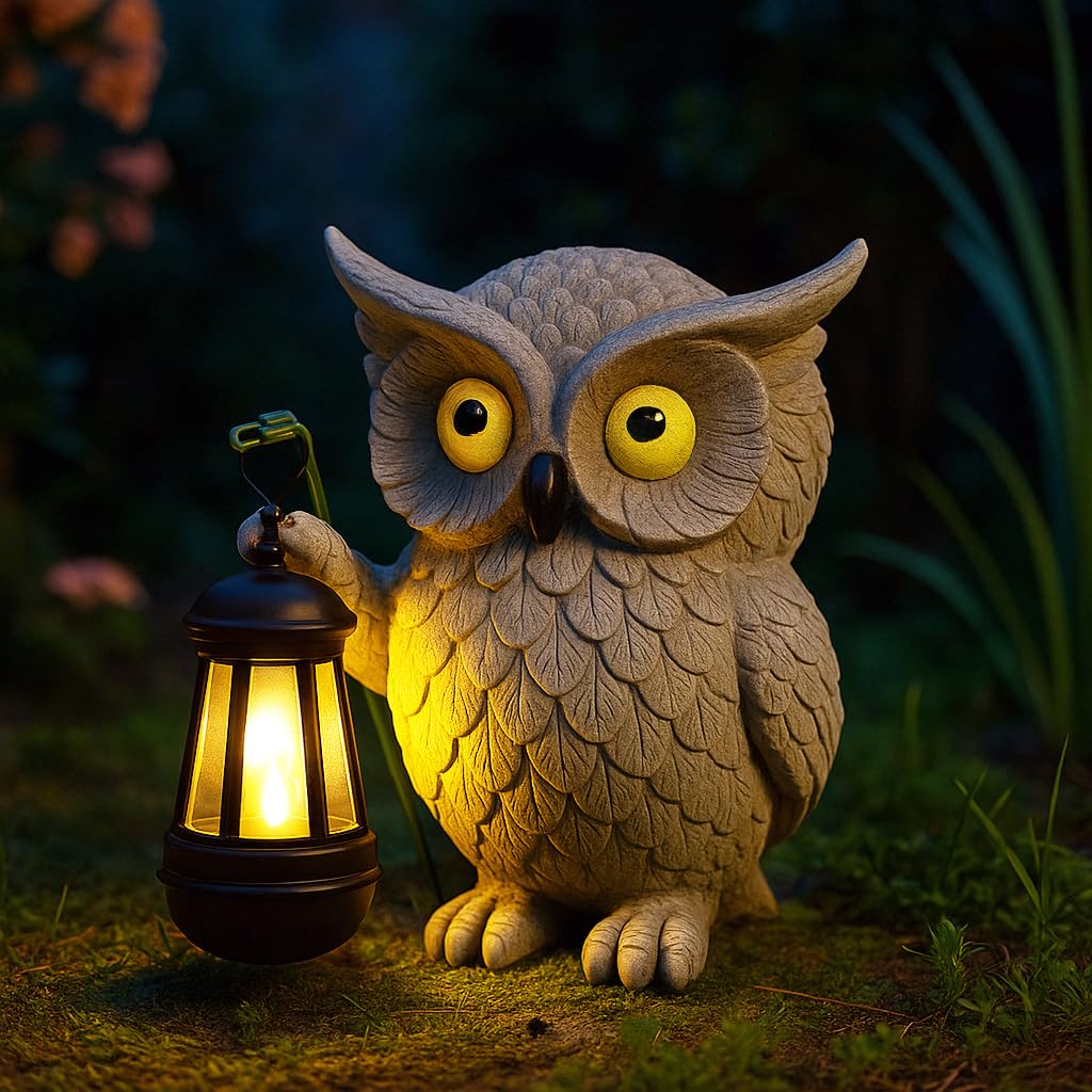 Solarna statua sowy, 19,8 x 14 cm, figurka ogrodowa z latarnią LED, dekoracja na podwórko, taras, werandę, trawnik lub stół, wyjątkowy prezent ogrodowy