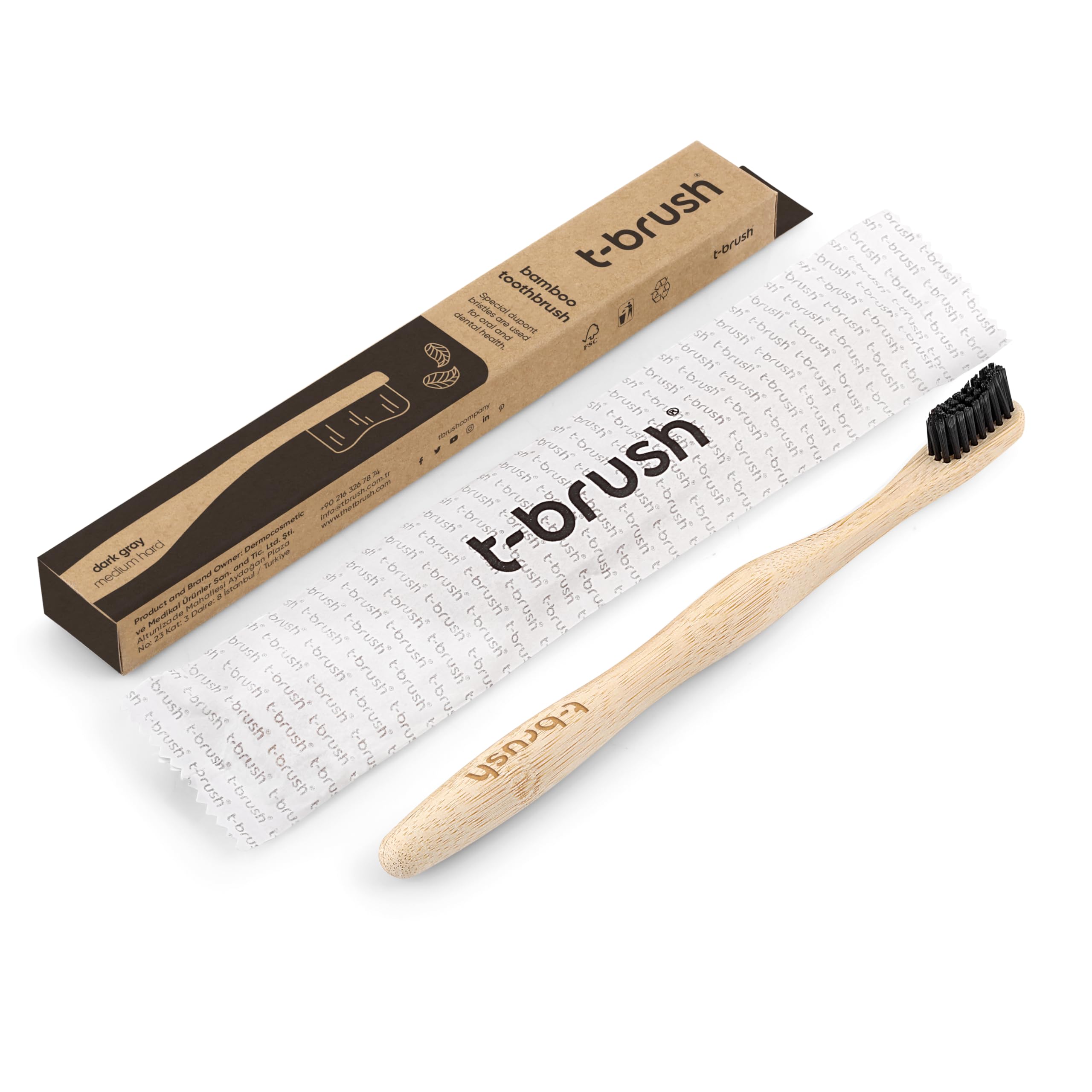 t-brush Bamboo Toothbrush - Dark Grey Colour - Medium Bristles - Natural Toothbrush - Eco Friendly - Everyday