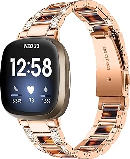 AISPORTS Compatible for Fitbit Versa 4/Sense 2 Band Stainless Steel Resin for Women, Crystal Bling Glitter Diamonds Jewelry Metal Bracelet Sport Wristband Replacement Band for Fitbit Versa 4/Sense 2