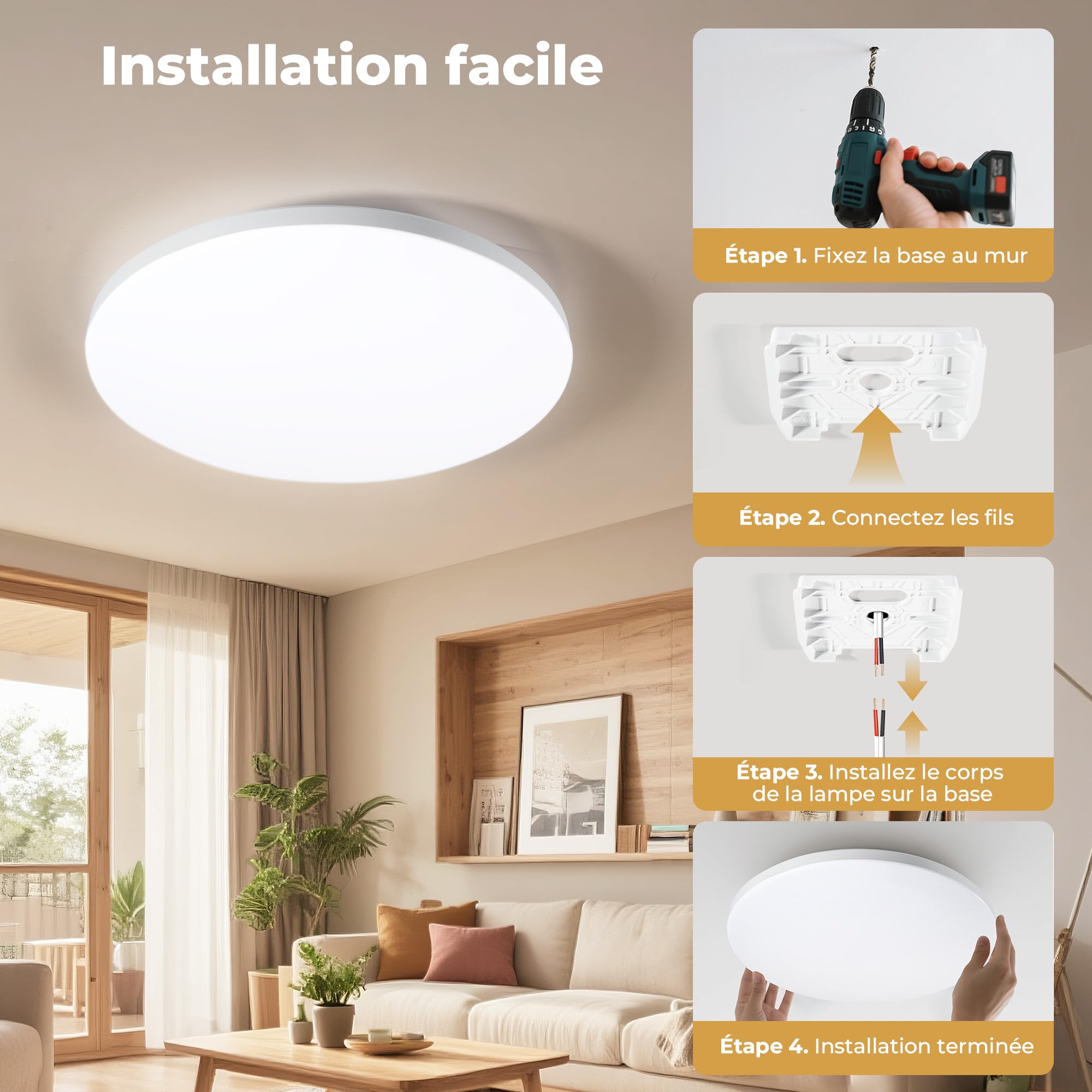 Plafonnier LED 32W Ø30cm IP44, Lumière Plafond Sans Scintillement 6000K, 1400LM Haute Efficacité Énergétique pour Salle de Bain, Cuisine, Salon - Design Ultra-Mince Moderne (Neutre)