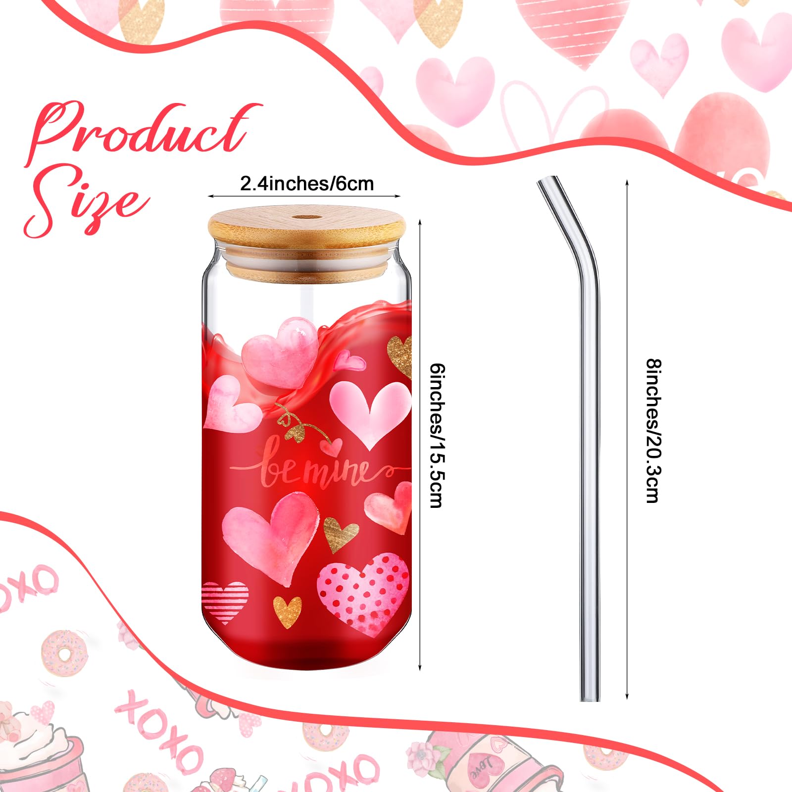 Sliner 4 Pcs 18 oz Valentine's Day Glass Cups Iced Coffee Mason Jar Heart Can Valentine Mug with Lid and Straw Valentine's Day Tumbler Drinkware Water Bottles Home Decorations(Heart, 4 Pcs)