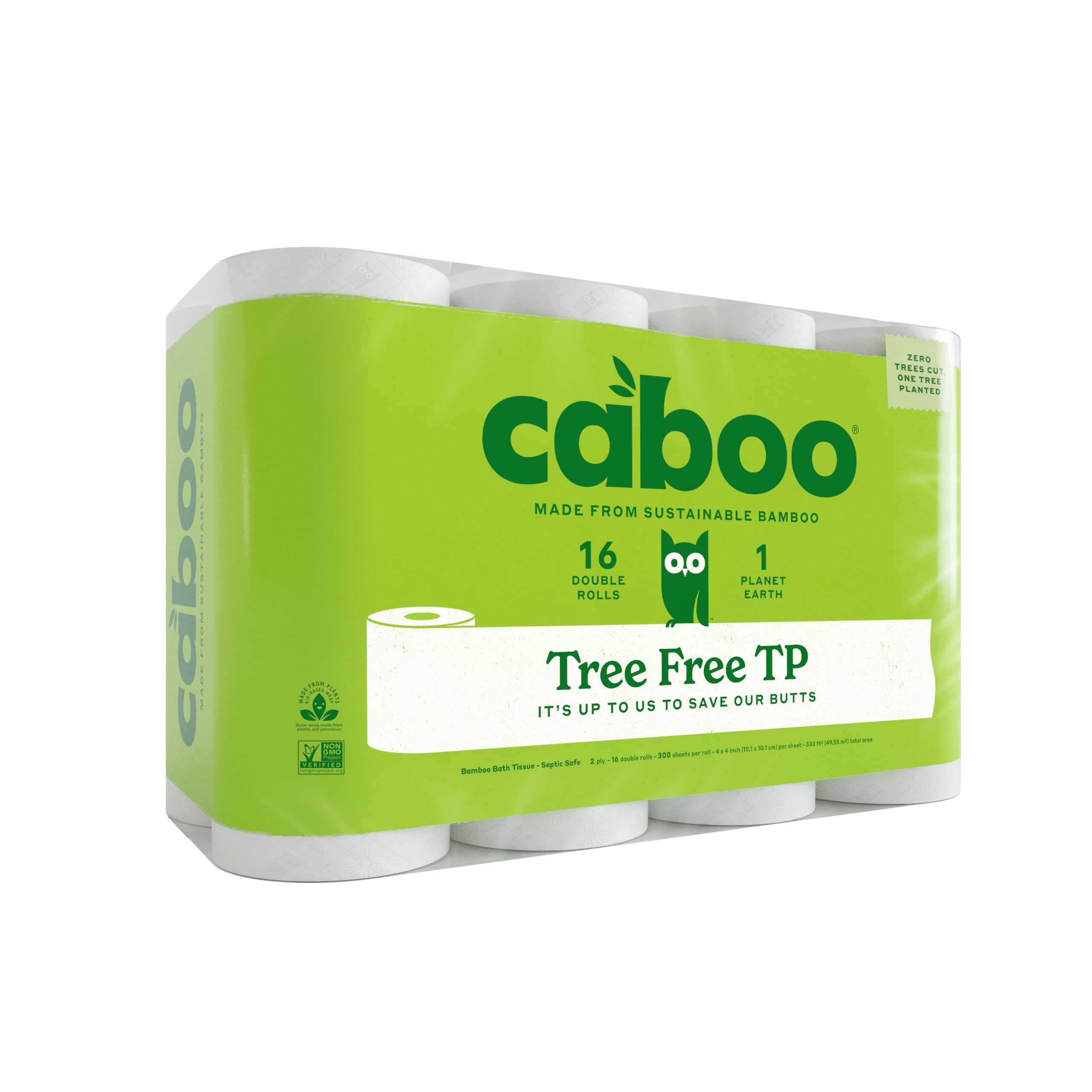 Caboo Tree Free Toilet Paper, Septic Safe Bath Tissue, Soft 2 Ply Sheets, 300 Sheets Per Roll, 16 Double Rolls