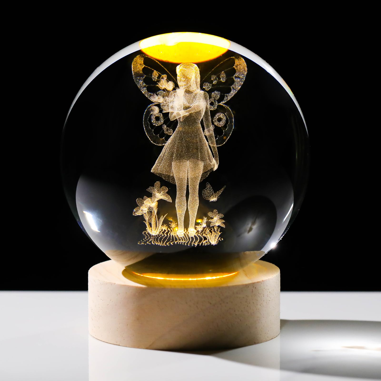 Arikyrist 3D Crystal Ball Lamp with Fairy Figurine and Wooden Base, Laser Engraved Crystal Sphere Night Light and Home Decor Gift