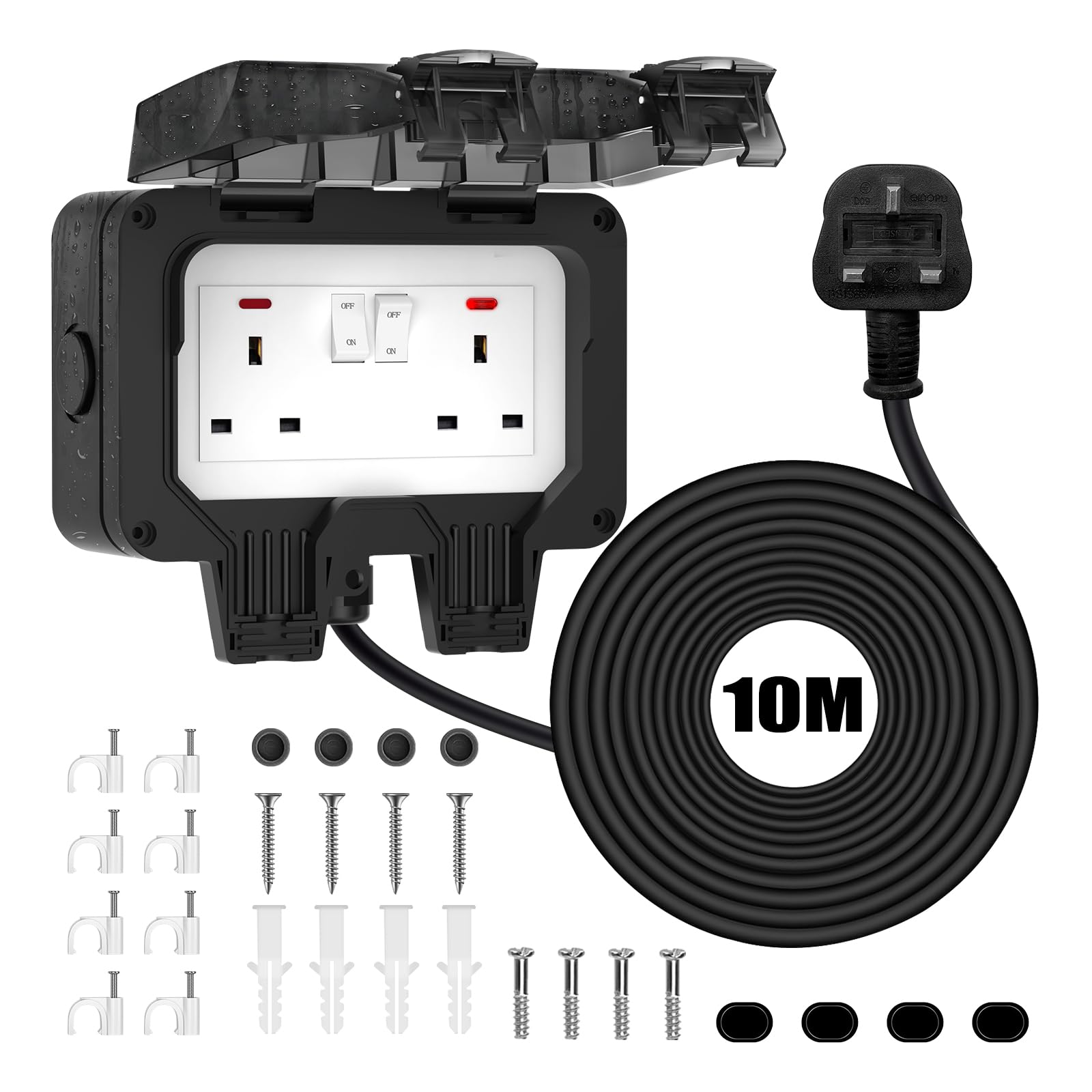 Double Outdoor Socket Waterproof 10M Extension Lead Weatherproof IP66 Outside Plug Socket Switched Wall Electrical Outlet, 13Amp 2 Gang External Storm Garden Power Socket Cover Box, Black