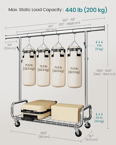 Miniatura 5 de SONGMICS Perchero de Ropa, Perchero de Ropa Rodante de Servicio Pesado con Ruedas, Barra Colgante Extensible y Altura Ajustable, Portátil, con