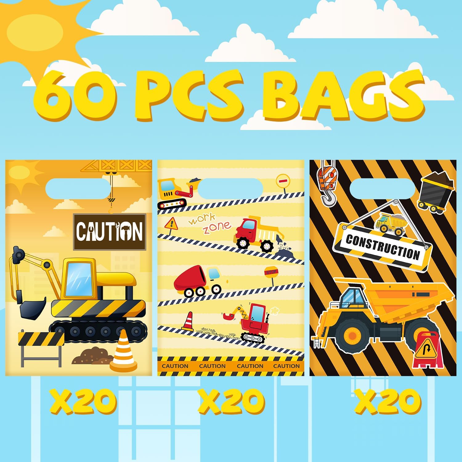 JIUGUOBAO 60 PCS Construction Party Gift Bags, Construction Truck Party Favors Bags Waterproof Plastic Goodie Bags for Construction Birthday Party Decorations Supplies Gifts image 3