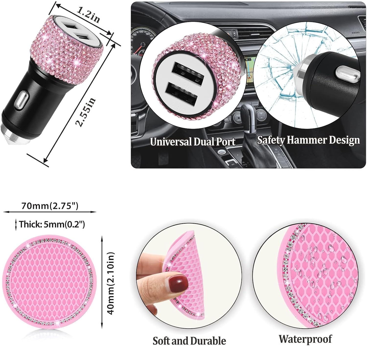 Bling Car Accessories Set for Women MAIMEIMI Rhinestone Decorations Interior with Steering Wheel Covers, License Plate Frame, Car Holder & Charger,14pcs Cute Girly Decor Set for Auto (Pink)