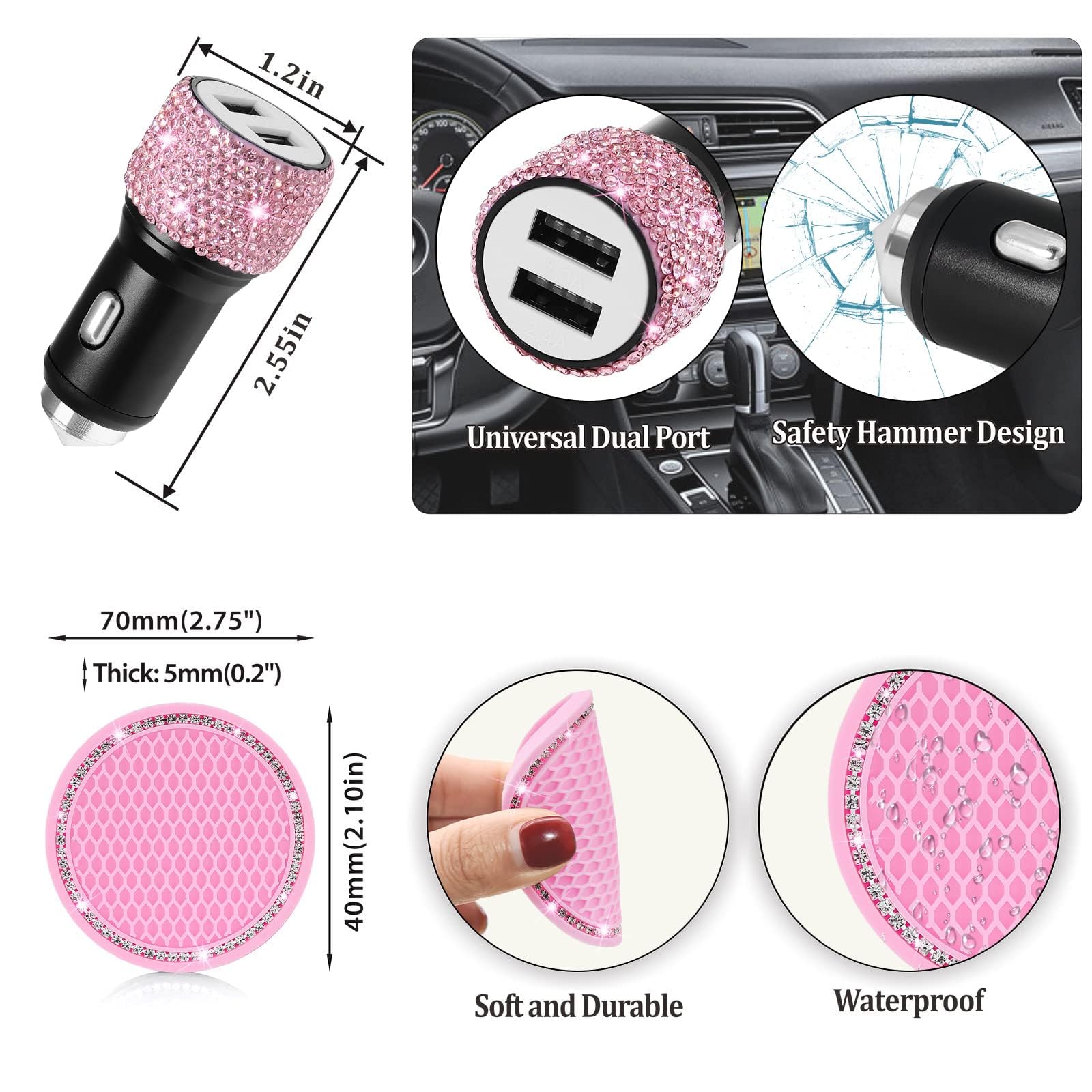 Set di accessori per auto da donna, MAIMEIMI con strass, decorazioni per interni con coprivolante, cornice per targa, supporto per auto e caricabatterie, 14 pezzi, set decorativo carino per auto
