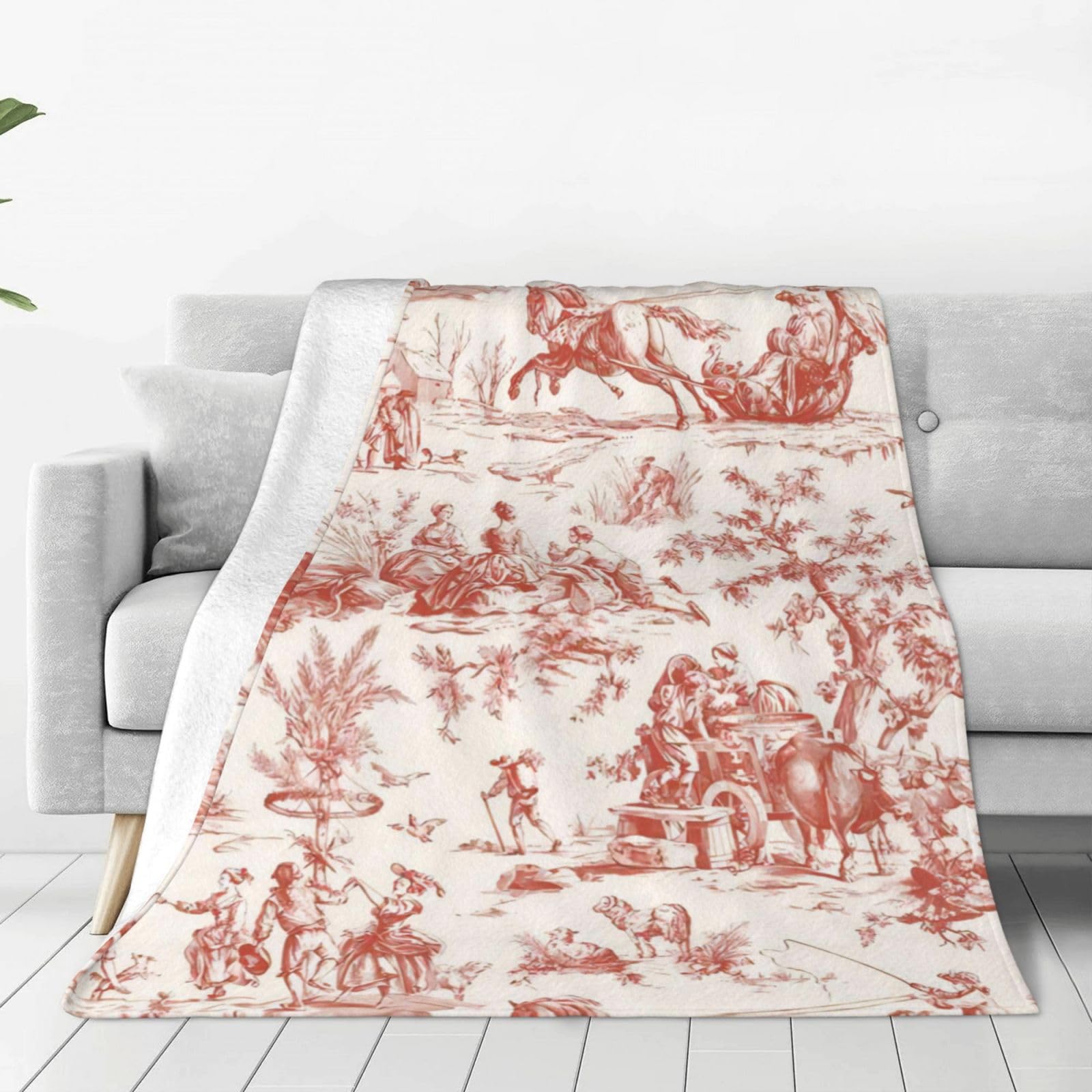 Lukiyys Red French Country Toile Pattern Ultra-Soft Micro Fleece Flannel Blankets, Anti-Pilling, Travel/Office Throw Blanket, Black