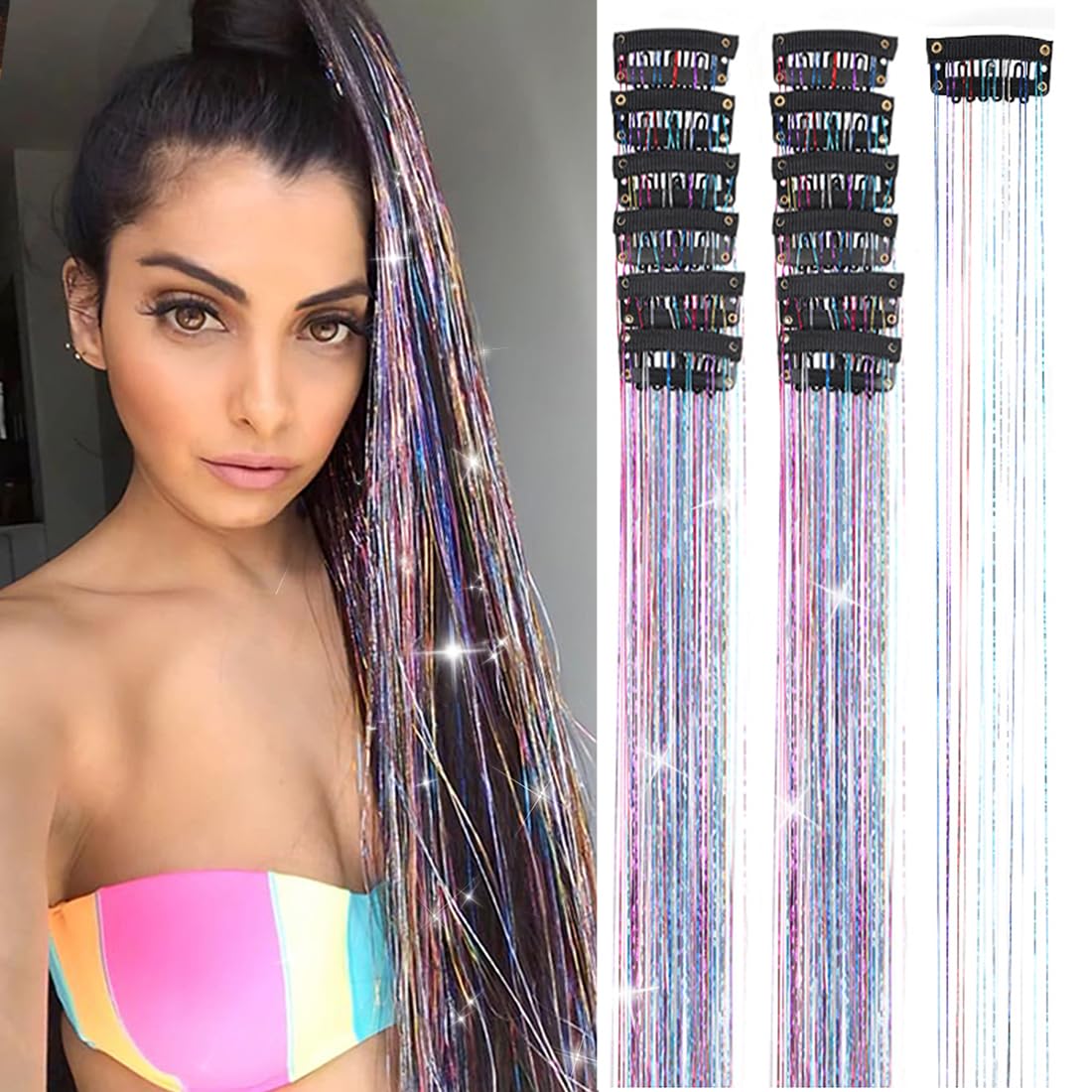 Colorful Hair Tinsel 12Pcs 20.5 Inch Fairy Hair Tinsel Clip in Kit for Christmas New Year Halloween Party, Hair Accessories Extensions for Women Girls Kids (Colorful)