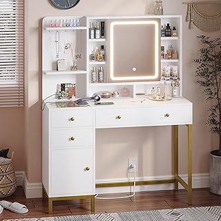 AOGLLATI Makeup Vanity with Lights in 3 Colors, White Vanity Desk with Mirror and Lights, Vanity Table with Charging Station, Makeup Desk with Visible Drawers, Hidden and Open Storage Shelves