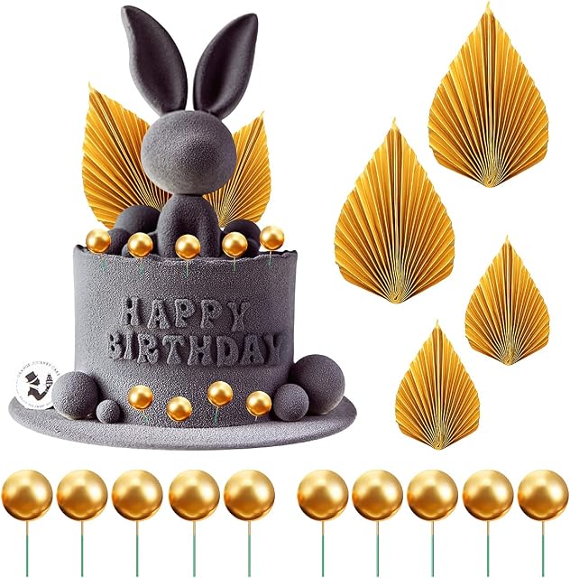 14 Pcs Birthday Cake Decorations Include 4 Paper Palm Fan Cake Topper 10 Mini Balloon Cake Topper Foam Ball DIY Cake Insert Decorations for 2022 Jubilee Wedding Valentine's Day Birthday (Golden)