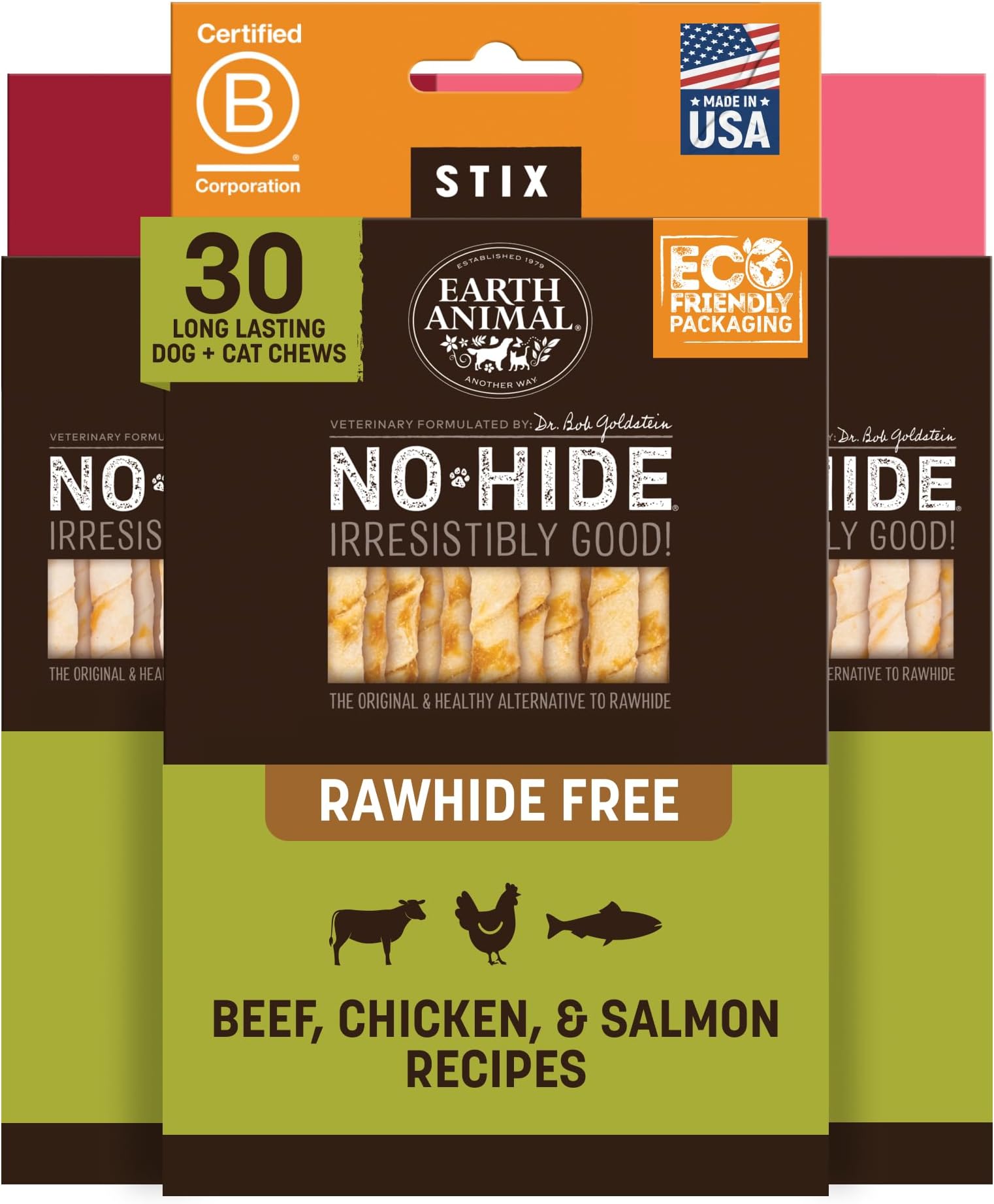 Earth Animal No Hide Stix - Long Lasting Rawhide Free Small Dog Chews Sticks, Beef, Chicken & Salmon - 30 Count