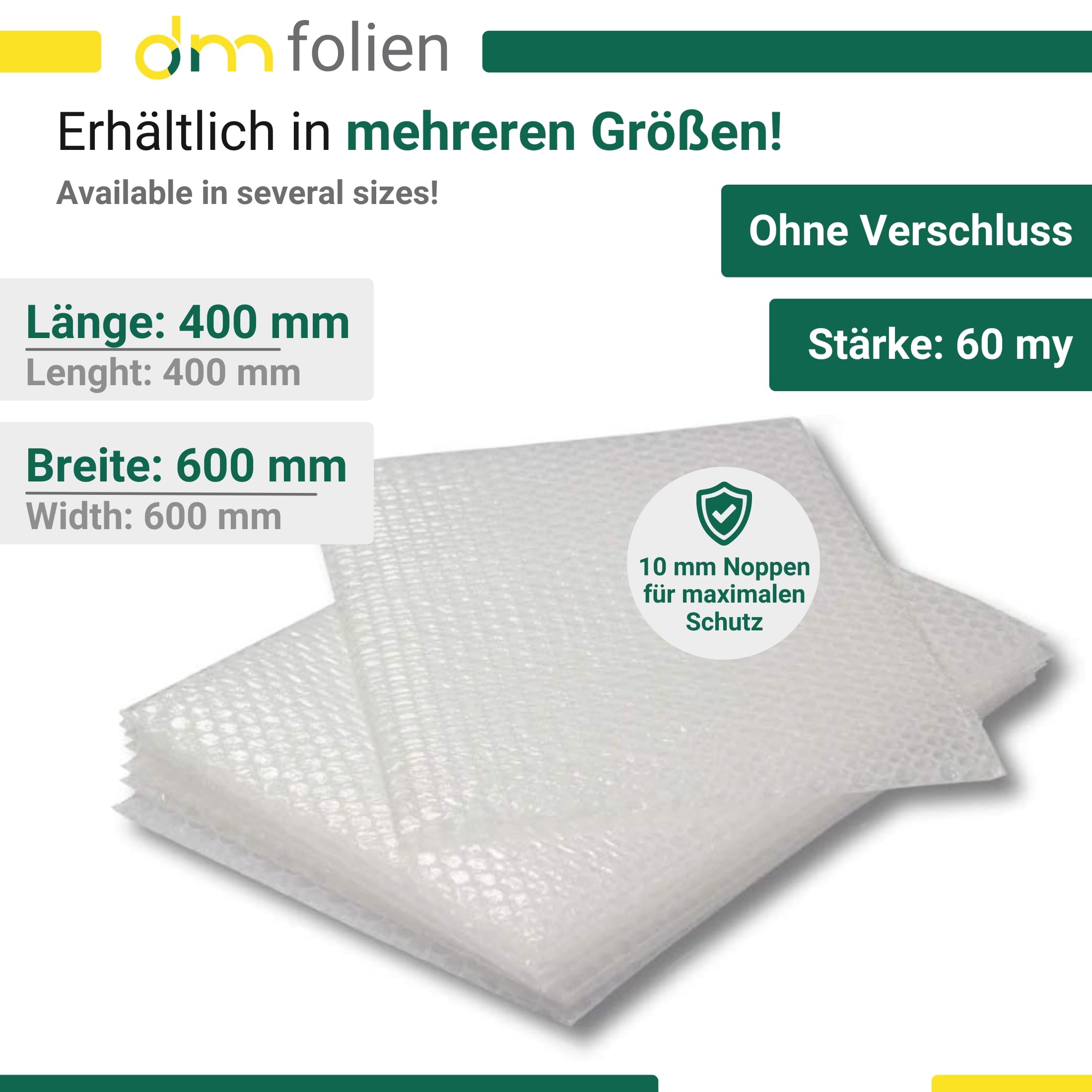 dm-folien Luftpolsterbeutel ohne Verschluss I 400 x 600 mm I 210 Stück I 60 µ I Luftpolstertaschen mit 10 mm Noppen I 3-lagige Bubble Bag Versandtaschen zum Schutz vor Schmutz & Feuchtigkeit
