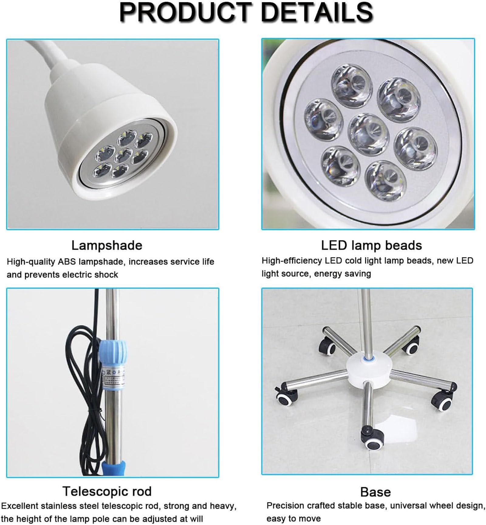 Höhenverstellbare Untersuchungsleuchte,Bodenstehend LED-Untersuchungsleuchte,mit 7 hocheffizienten LED-Lampen,für die Gynäkologie, Ambulanz,Um 360° Drehbare