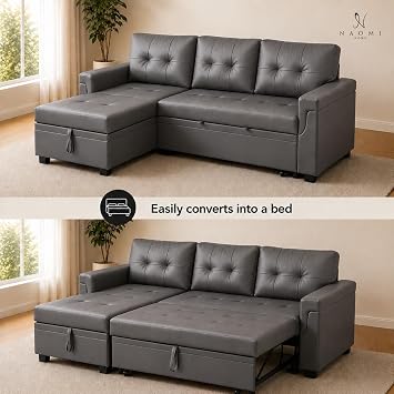Naomi Home 84 L-Shaped Sectional Sleeper Sofa with Pull Out Bed | Sleeps Guests Comfortably, Stores Essentials in Chaise & Saves Space, Air Leather, Dark Gray Convertible Sofa Bed