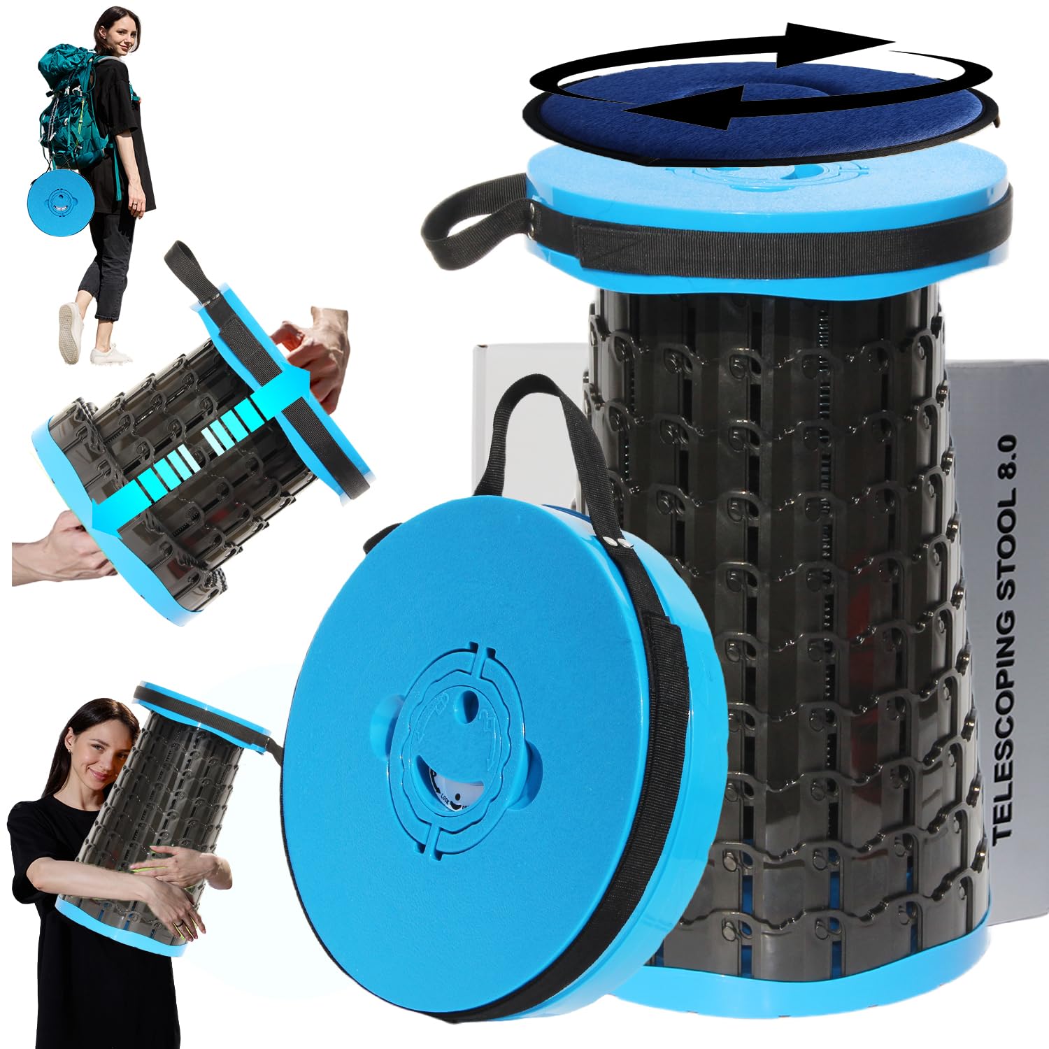 ALEVMOOM Taburete Plegable XXL 50 CM de Alto con Cojín, Taburete Telescópico Portátil con Capacidad de 455 KG, Silla Plegable Portatil para Camping, Pesca, Senderismo y Barbacoas