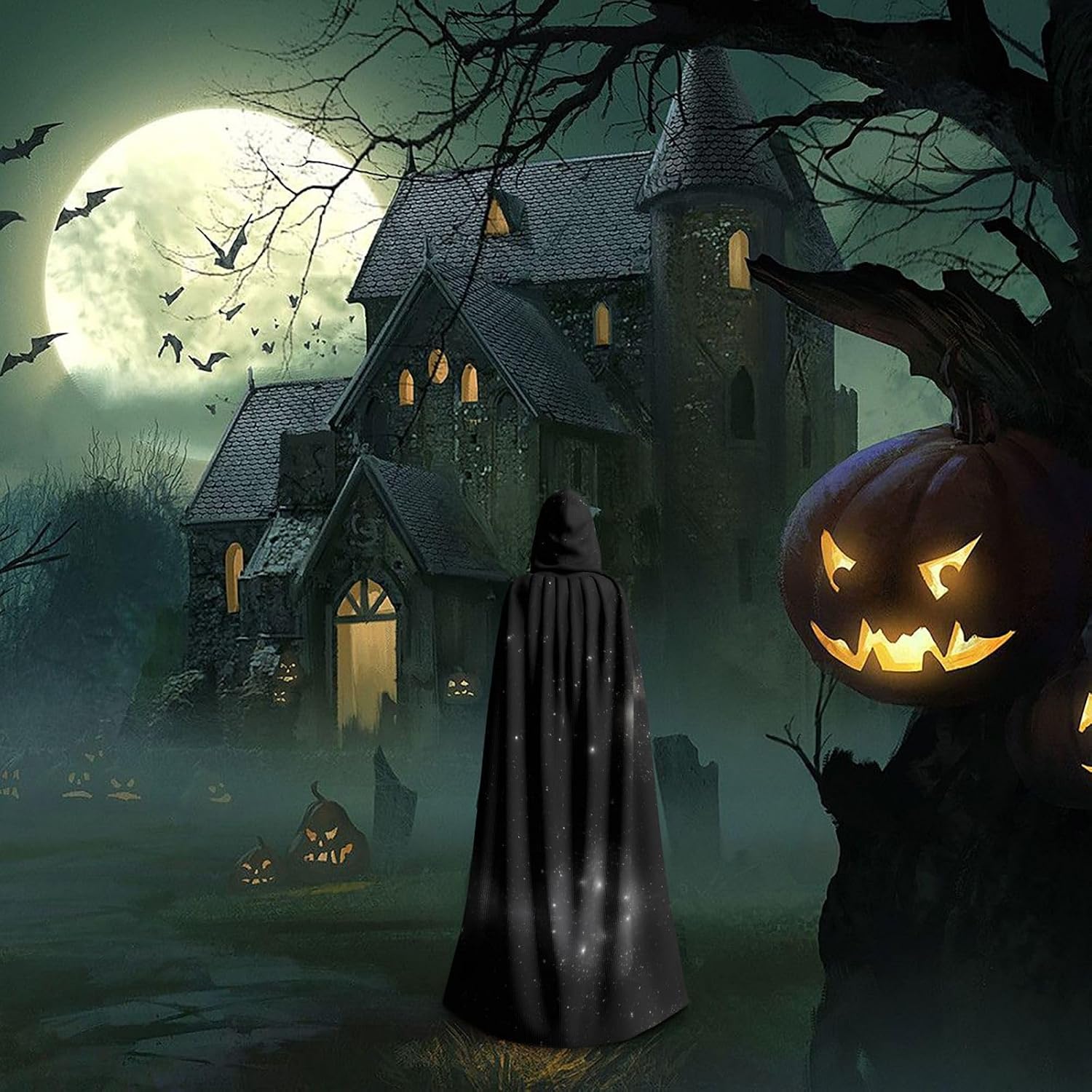 STejar Black and White Galaxy Halloween Adult Hooded Cape, Hooded Robe Cape, Women's Men's Halloween Dress Up Party Cosplay Costumes.