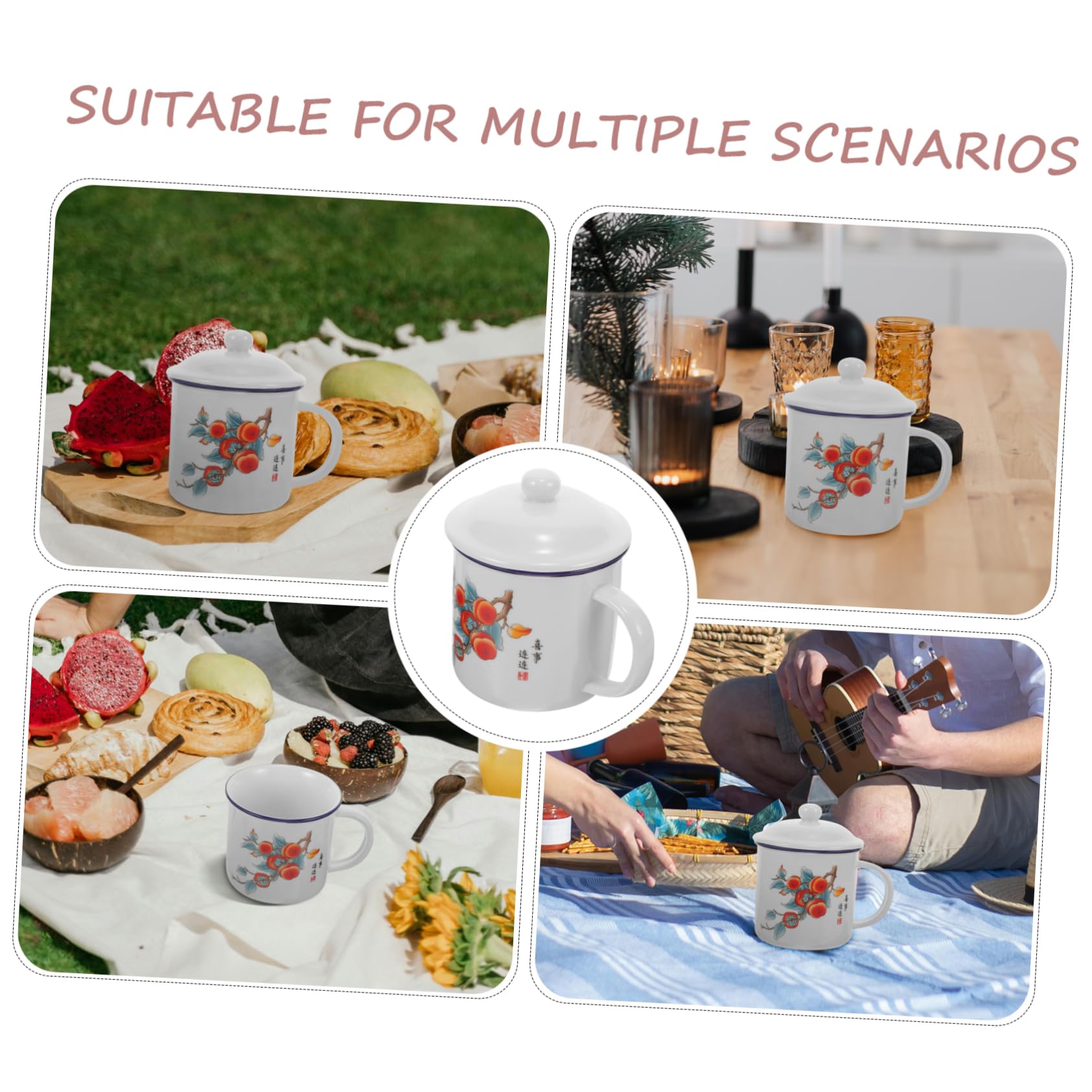 Abaodam Vintage Emaille Trinkbecher mit Deckel, Tragbarer Wasserbecher | Chinesischer Stil, für Café und Outdoor Einsatz, Geeignet für Verschiedene Getränke