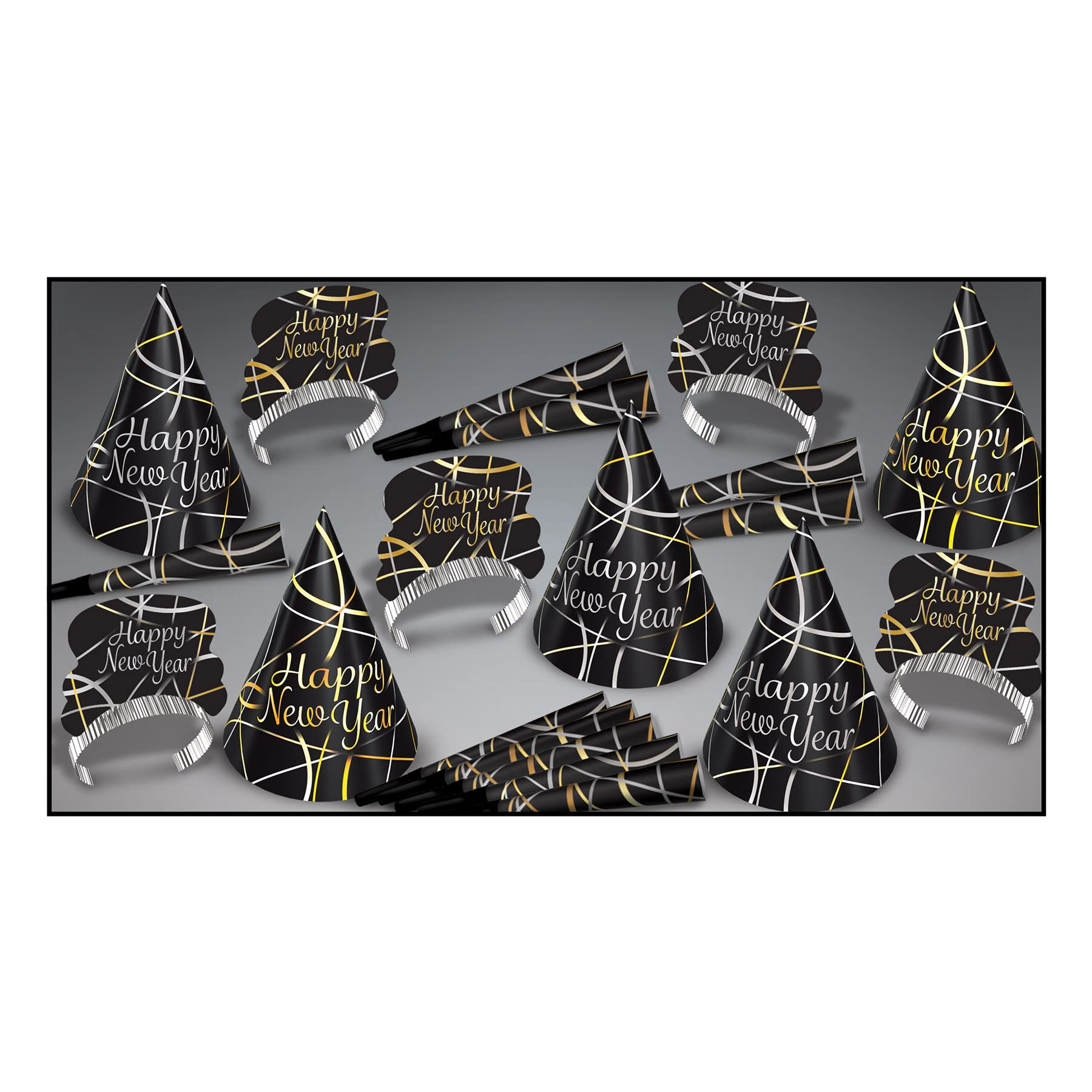 Beistle Black/Gold/Silver & Ring In The New Year Party Assortment For 10 People-Nye Photo Booth Props-Hats, Tiaras, Horns, One Size,