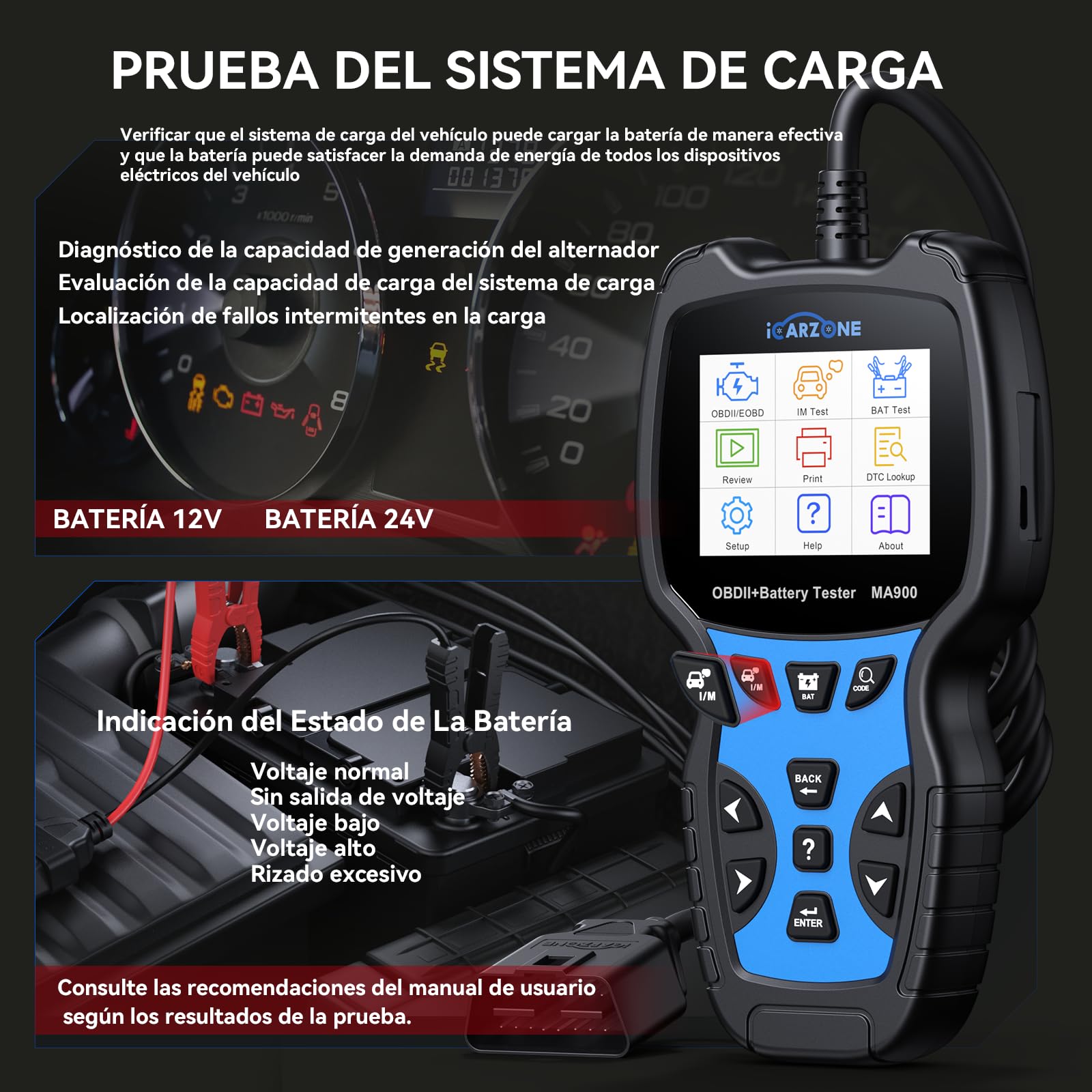 MA900 Comprobador de Batería Coche + Escáner OBD2 -Test de Descarga, Test de Corriente de Arranque, Test de Carga, Función de Lectura para OBFCM, Leer/Borrar Códigos, Datos en Tiempo Real-12V/24V