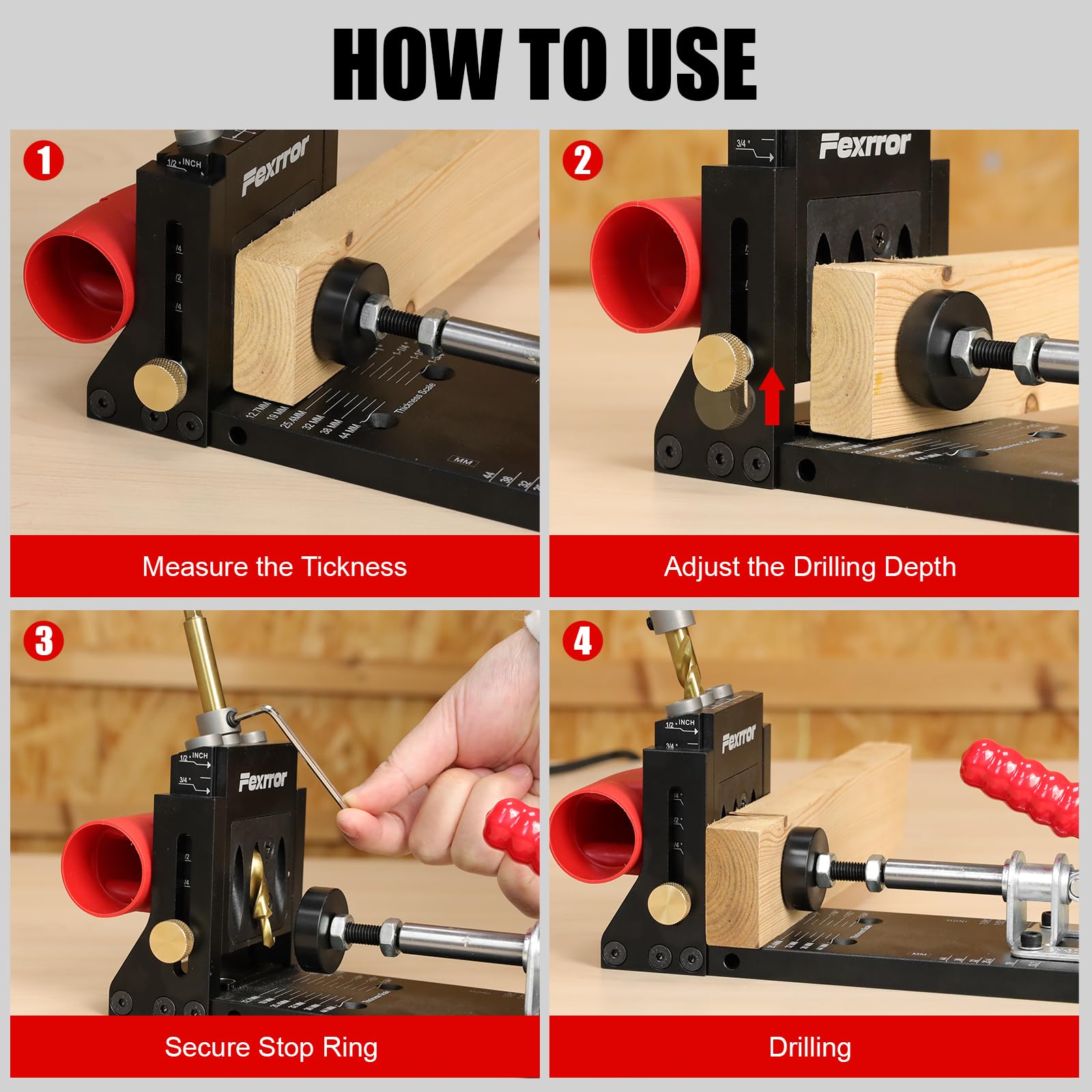 Pocket Hole Jig Set, Aluminium Taschenloch Bohrschablone mit Dreitaschenloch, Staubanschluss, Schrägloch Bohrhilfe für Holzbearbeitung, Heimwerken, Handwerk