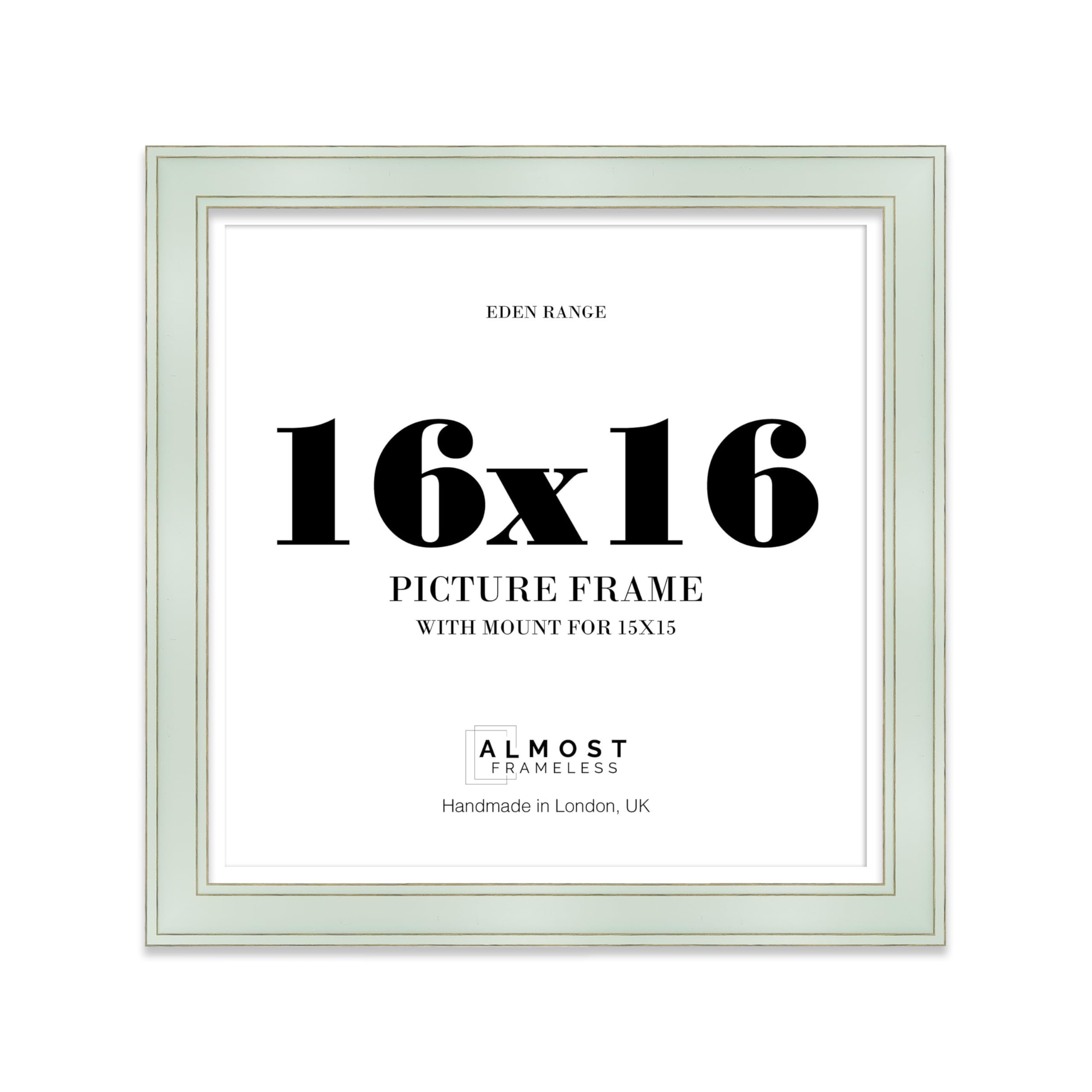 16x16" Sage Green Square Picture Frame with 15x15" Mount - Shabby Chic Photo Frame with Distressed Finish, Gold Trim, Wall Hooks, 37mm Edge - 1 Pack