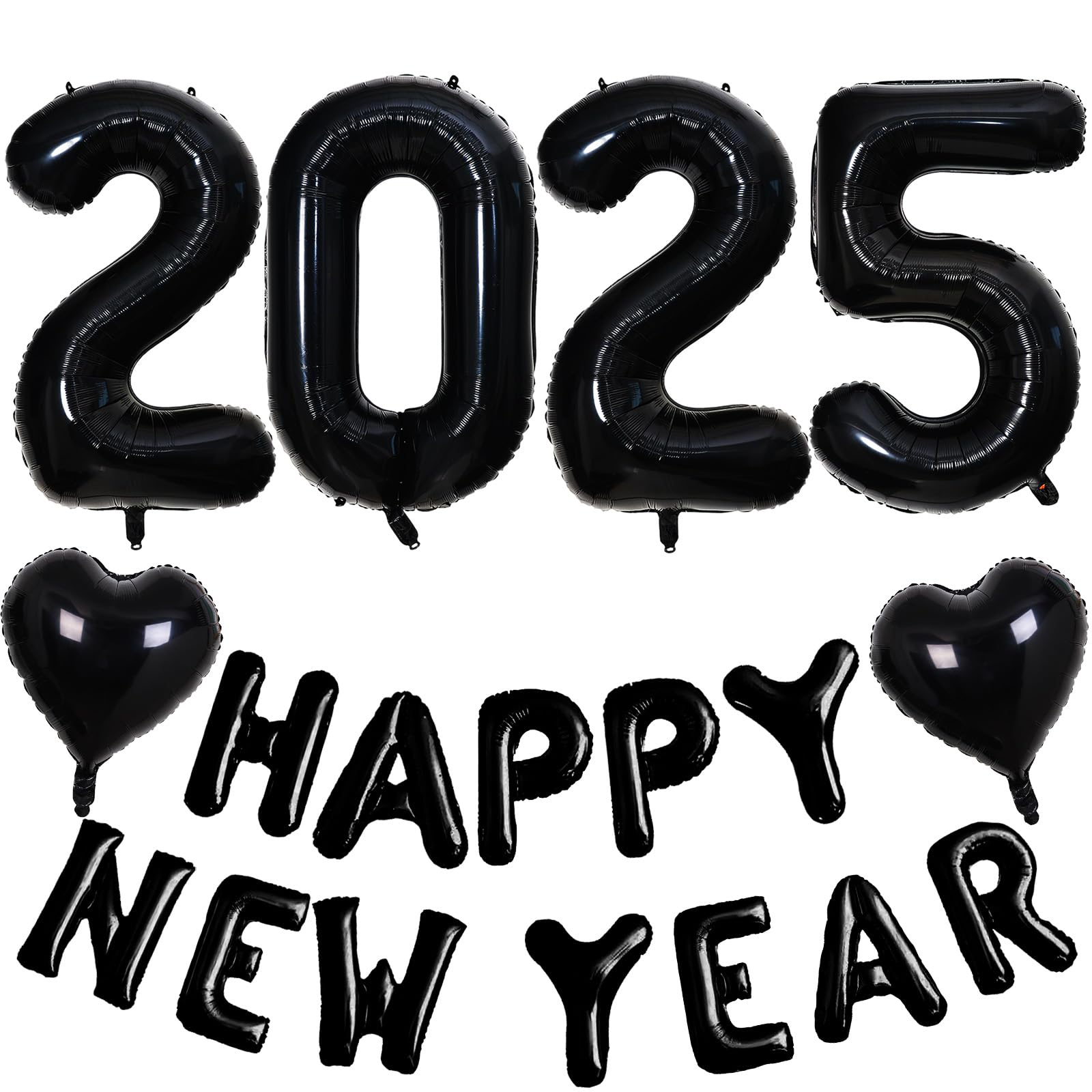 Black 2025 Happy New Year Balloon, Happy New Year 2025 Number Letters Foil Balloon Banner Set, New Years Eve Decorations 2025 with Heart Balloons for Men Women Festival Prom Party Decor Supplies