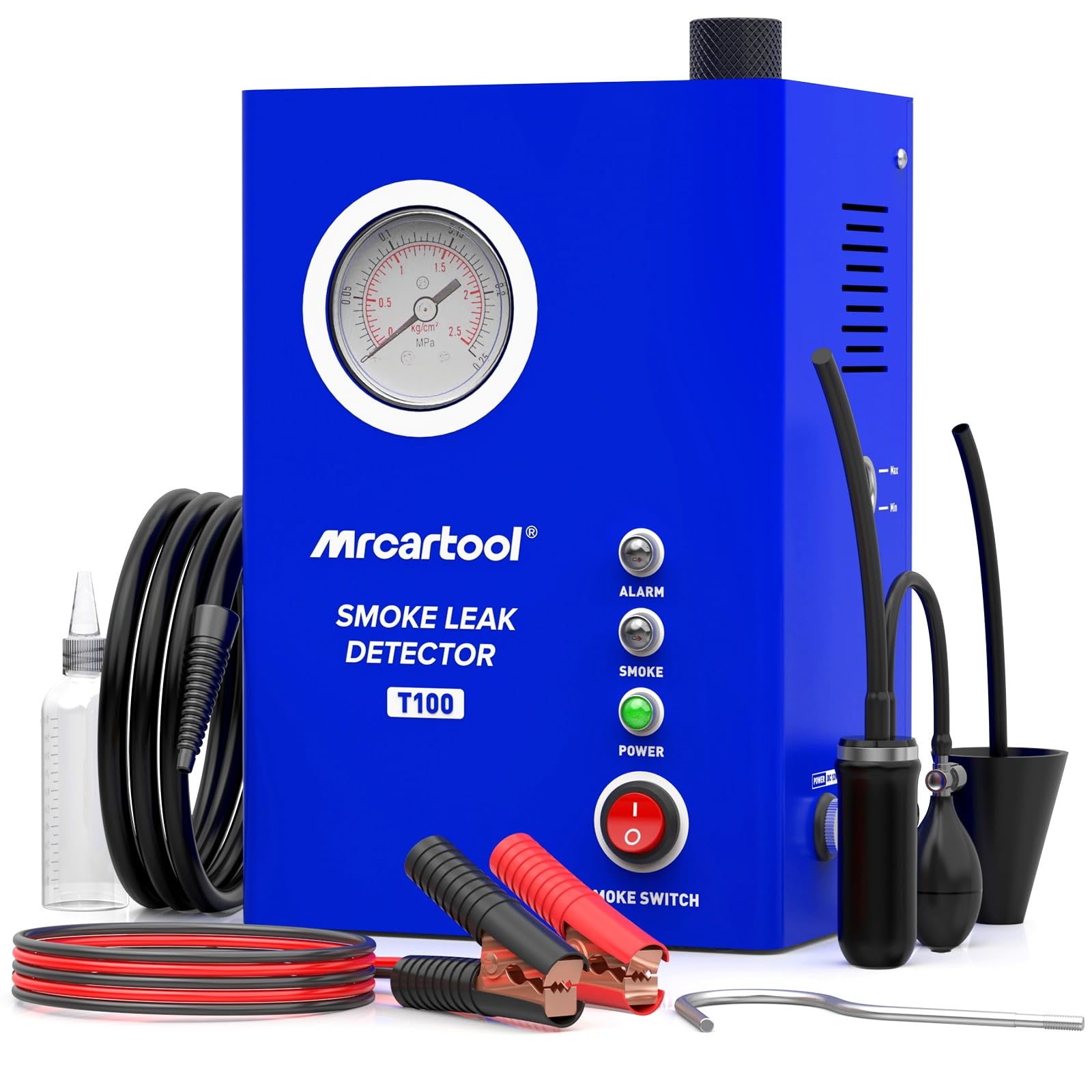 Detector de Fugas por Humo MR CARTOOL T100 - Probador de Fugas de Humo para EVAP Automotriz con Bomba de Aire y Manómetro Incorporados los Vehículos de 12V CC
