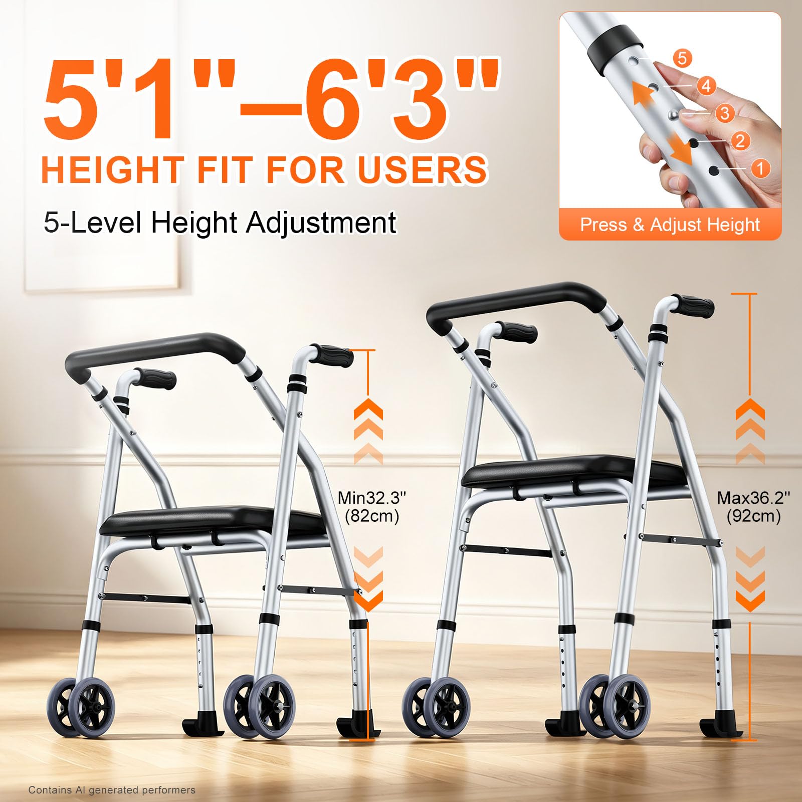 Standard Walkers for Seniors with Seat, with 2 Skis & 5”Wheels — Amazon image 5