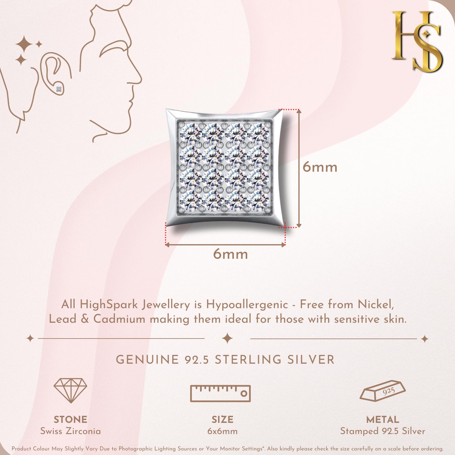 925 Square Solitaire Earring Sterling Zirconia Single Stud