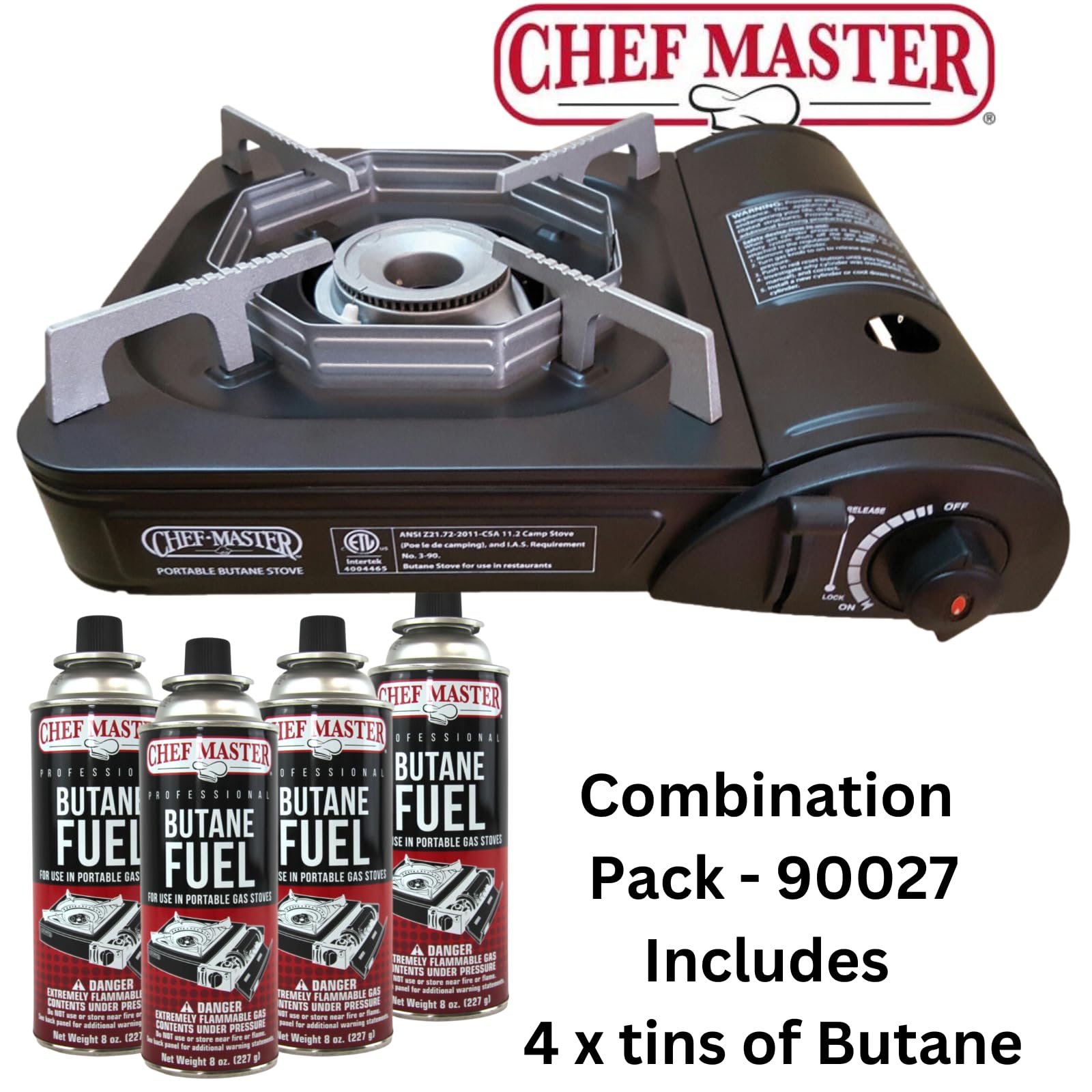 Portable Butane Camping Stove COMBO, Piezo Ignition Wind-Guard 7,650 BTU Portable Stove Burner w/ 4 x 8oz. Butane Fuel Canister for Emergencies, Hiking & Outdoor Camping Essential by Chef Master 90027