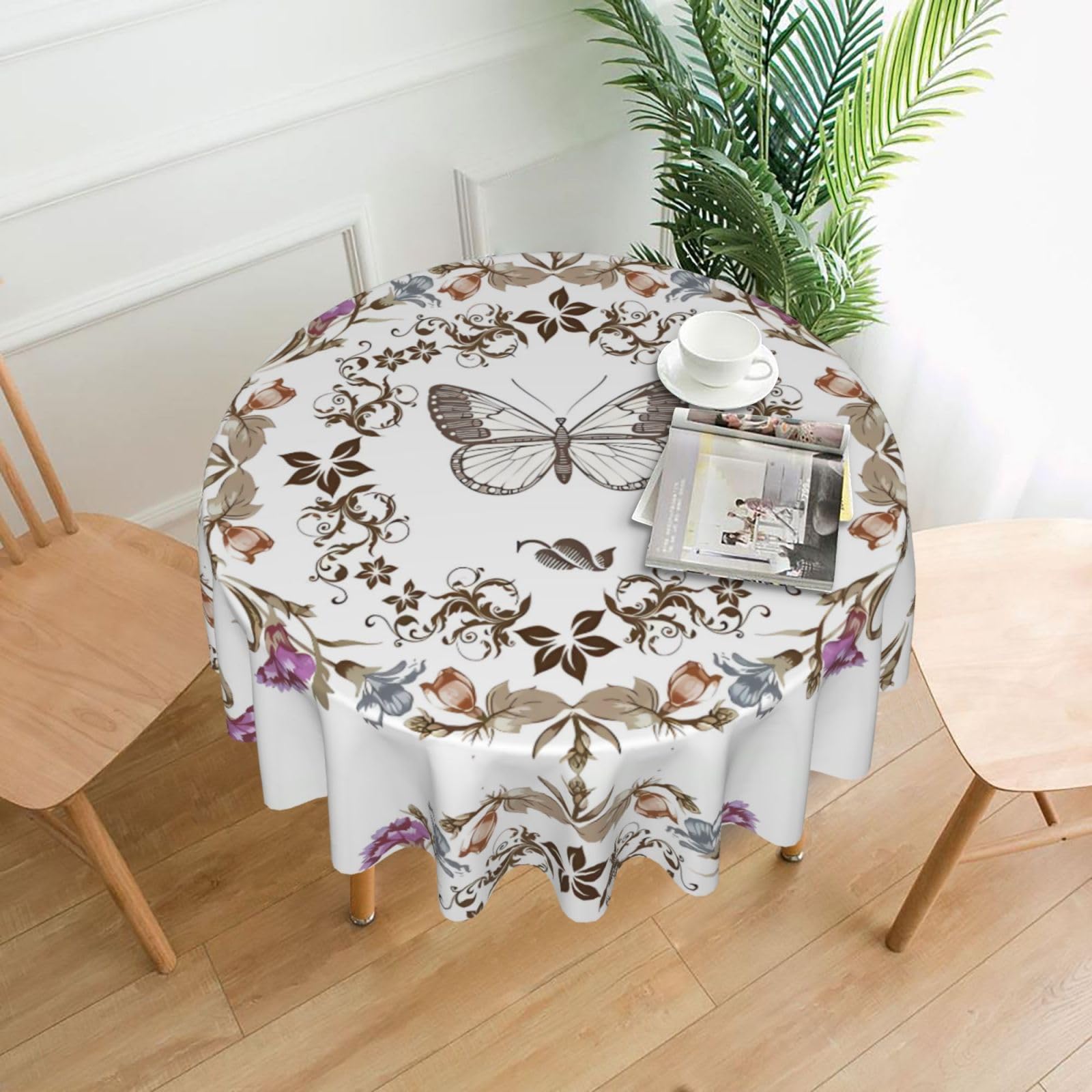 WHJSHOP Flower Butterfly Prints Round Table Throw 60 Inch – Waterproof Table Cover for Dining, Coffee Tables, Parties & More - Soft, Wrinkle-Resistant Table Layer