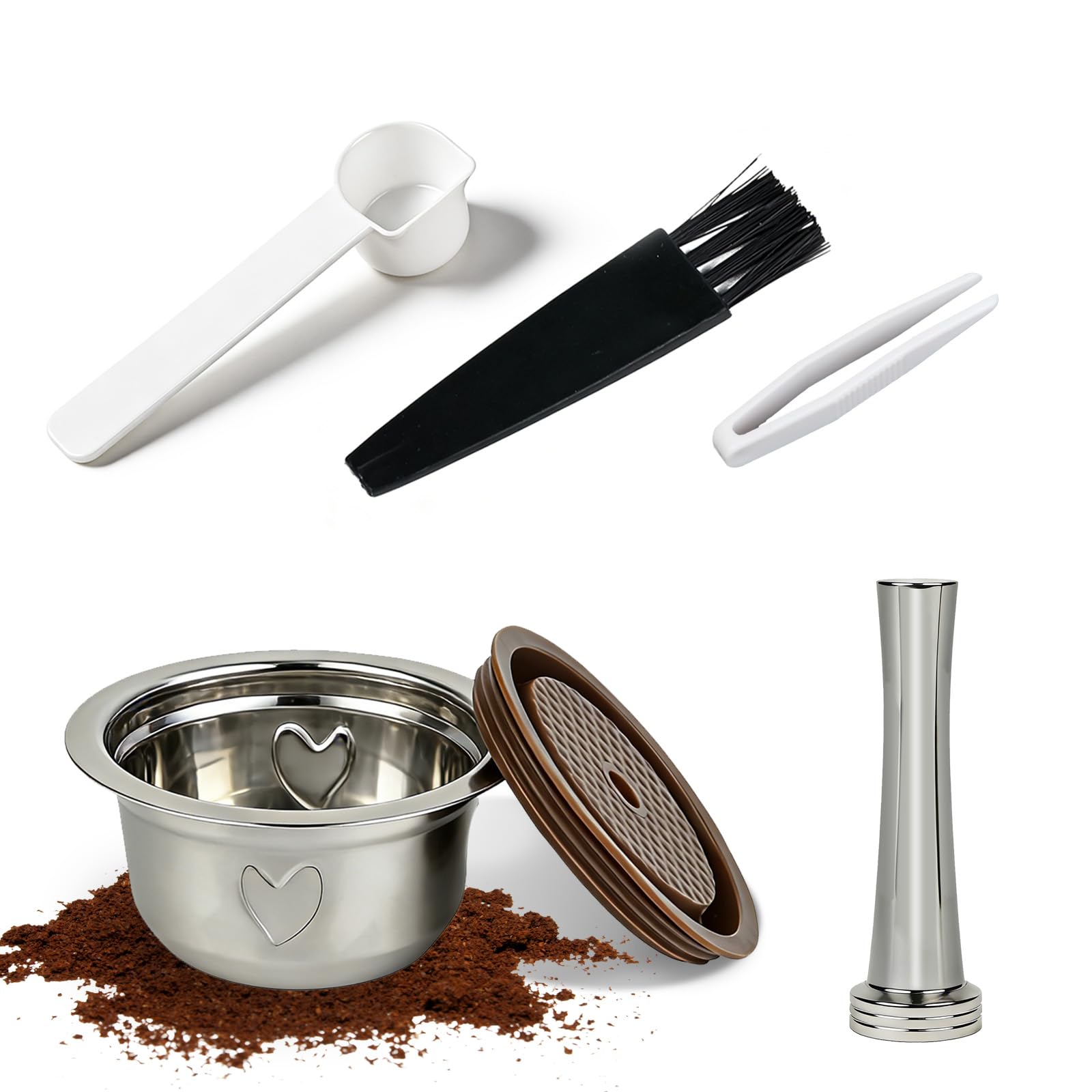 Photo 1 of ***MISSING LID*** RAWILL Reusable Coffee Pods Kit, 230ml Stainless Steel Coffee Capsule with Silicone Lid, Brush, Spoon, Coffee Tamper, Tweezers, Compatible with Nespresso Vertuo Machines