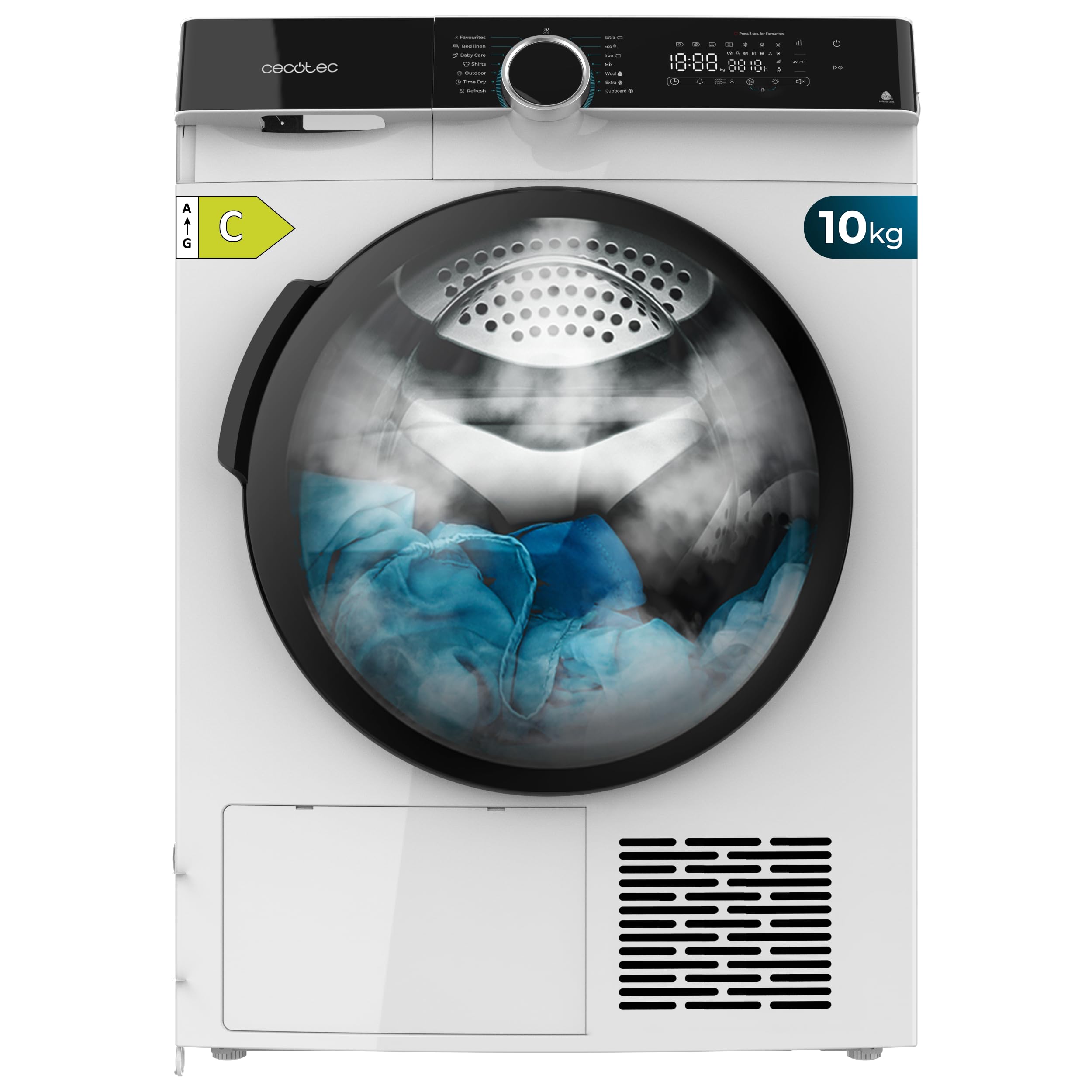 Cecotec Secadora de Ropa Bomba de Calor 10kg Bolero Dresscode Dry 10505 Inverter. Clase Equivalente A+++, 14 Programas, Funciones como UV Care, Planchado Fácil, Certificación Woolmark, Blanca Etiqueta Energética