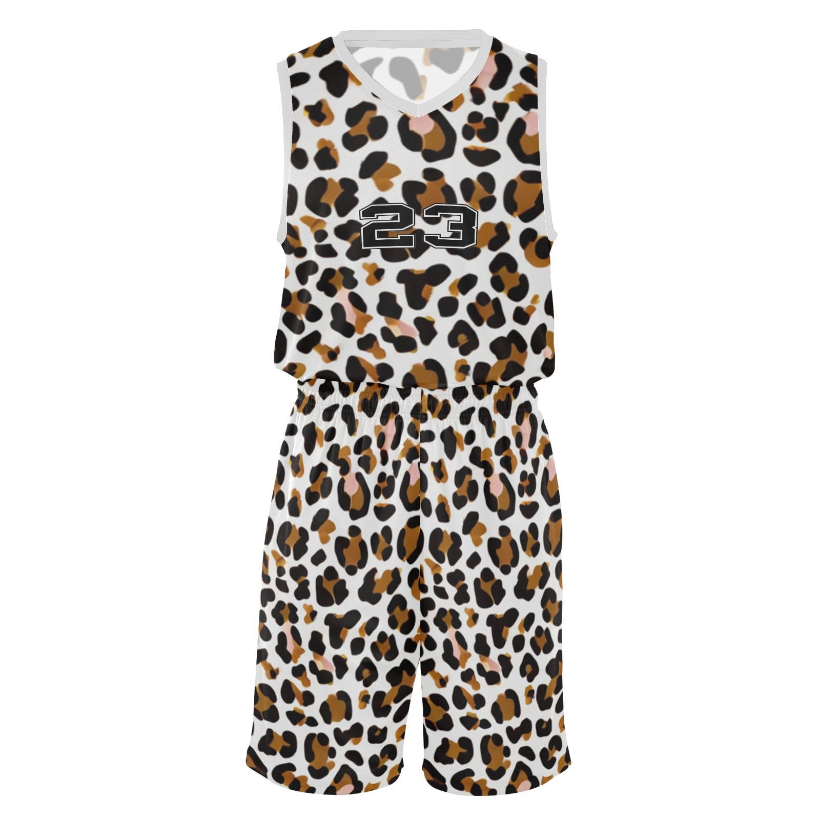 FLildon Leopard White Brown Boys Basketball Jersey Set Tank Top Shorts Tracksuit Sport Training Suit for Kids, XXL