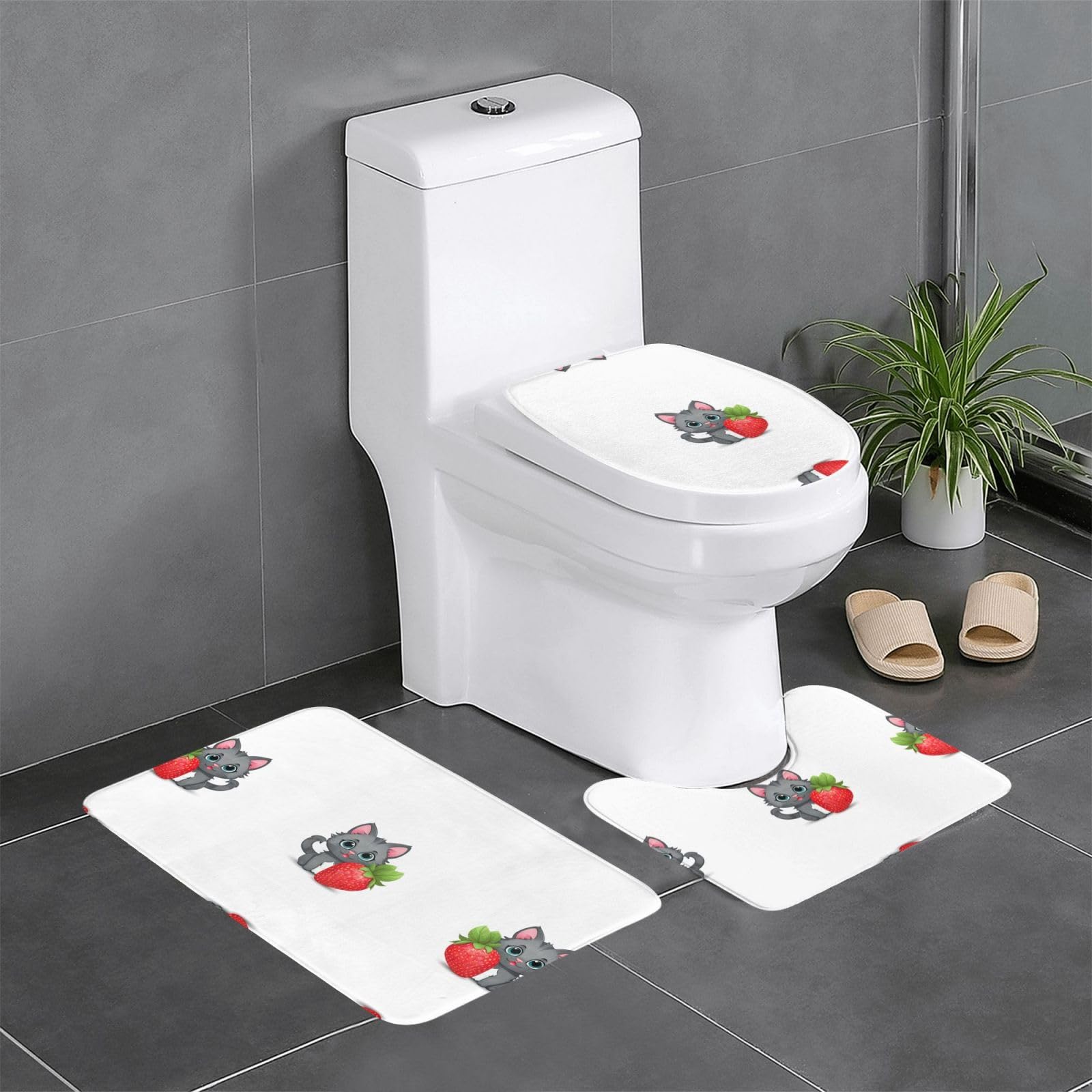 Tapis de salle de bain antidérapants WHJSSF lot de 3 avec motif chaton et fraise