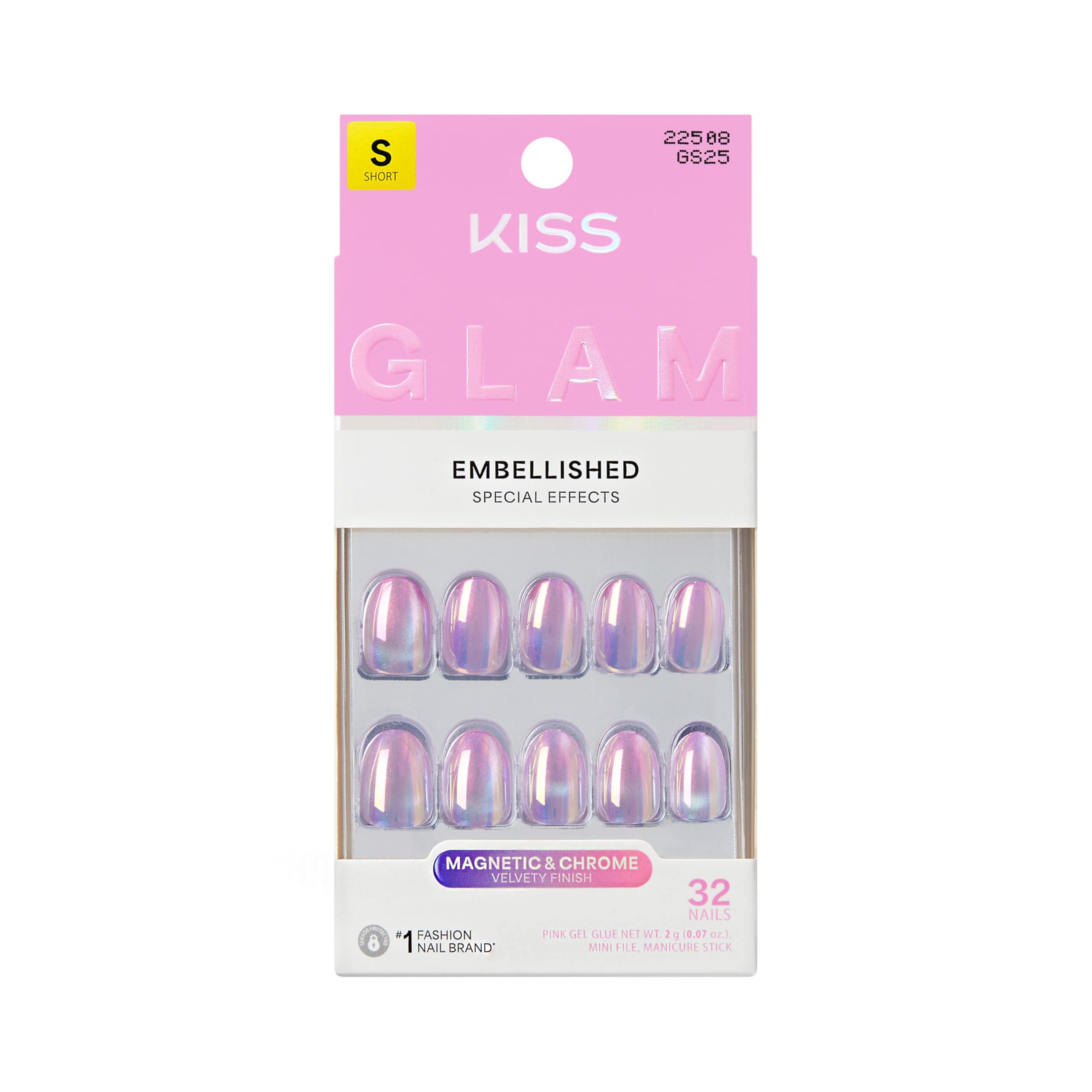 KISS GLAM Embellished Press On Nails, ‘One n Only’, Pink, Short Round, 32 Count